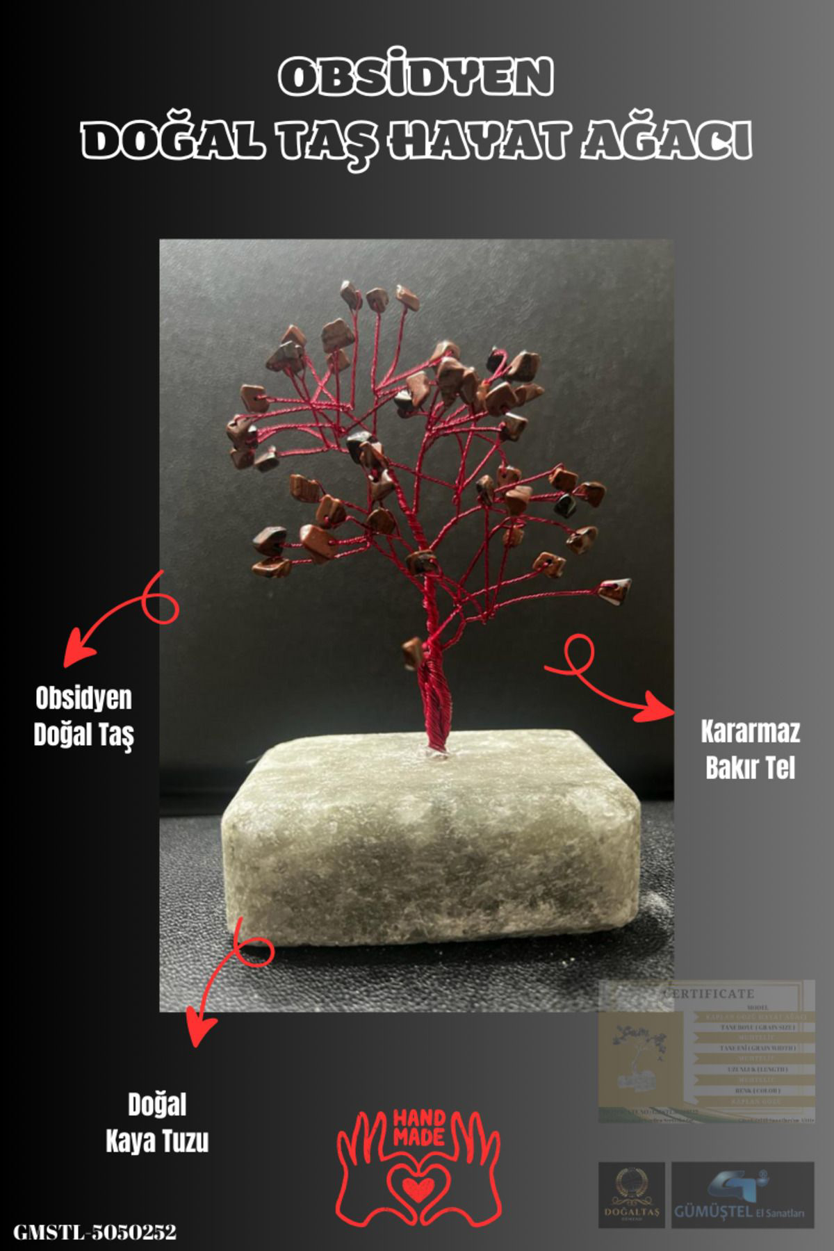 Gümüştel El Sanatlari Sertifikalı Obsidyen Orijinal Doğal Taş Hayat Ağacı Biblo El Yapı