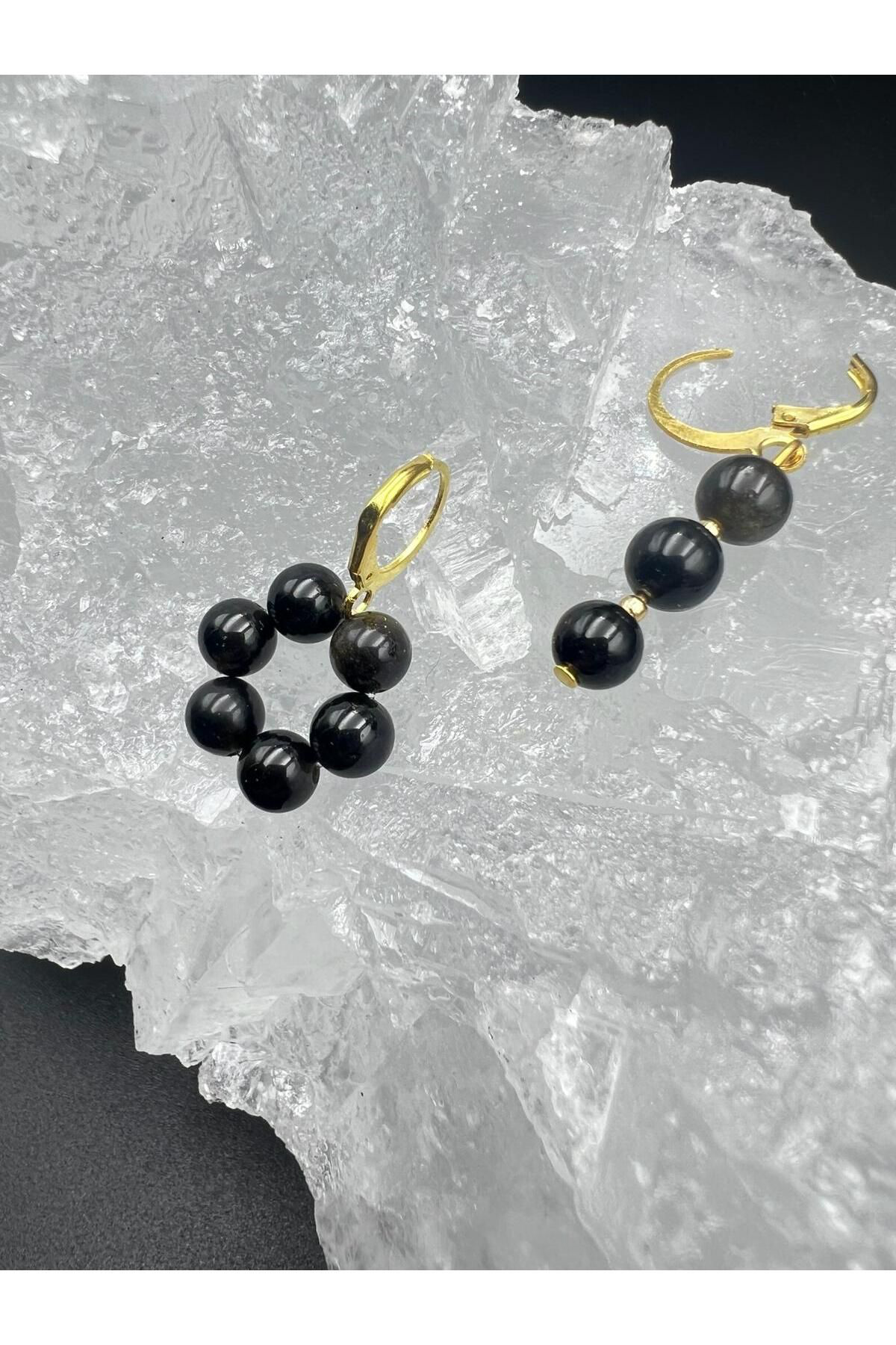 Gümüştel El Sanatlari Sertifikali Obsidyen Doğal Taş Tasarim Küpe