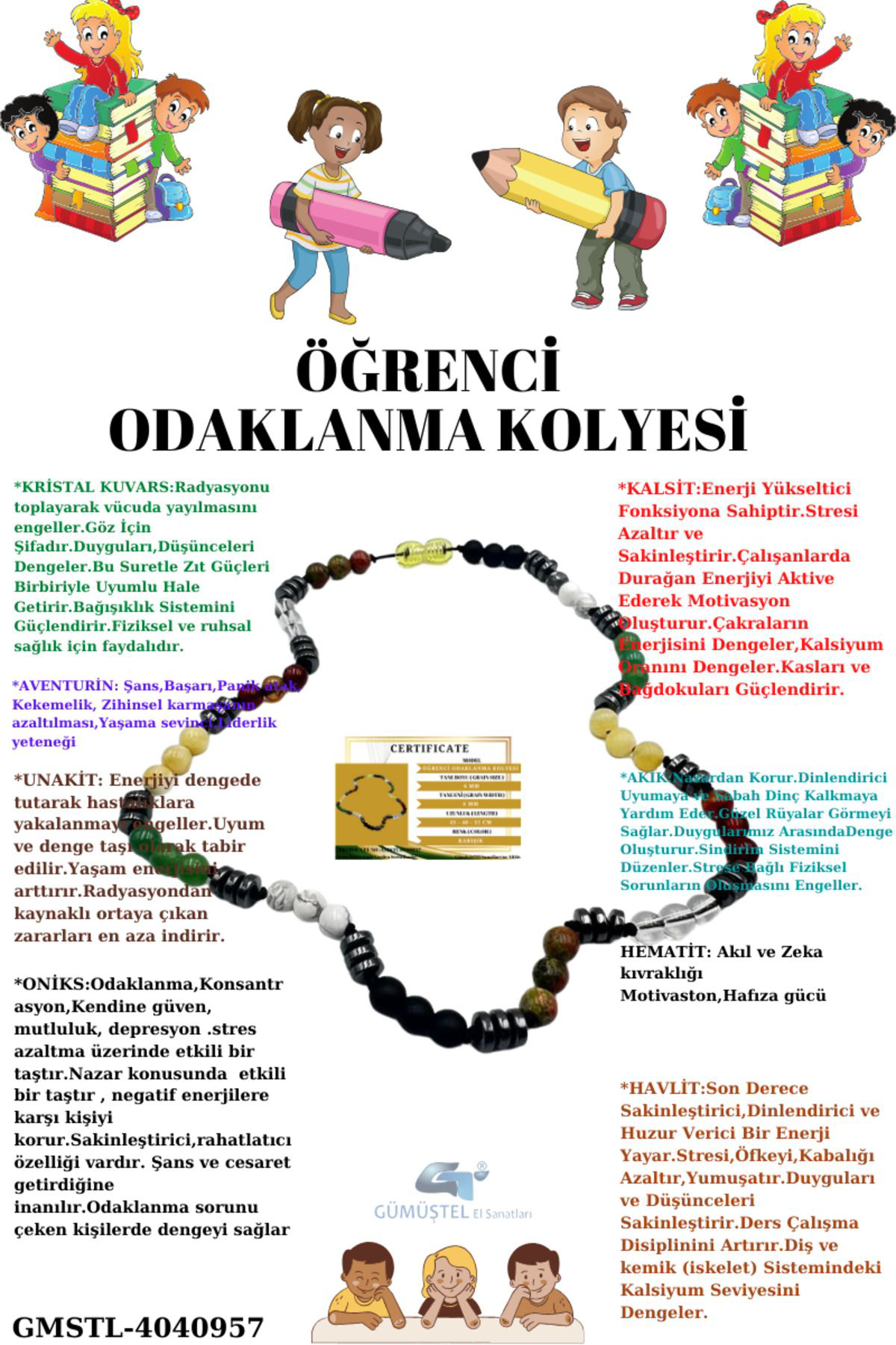 Sertifikalı Öğrenci Başarı Kolyesi Oniks,Hematit,Unakit, Kristal 