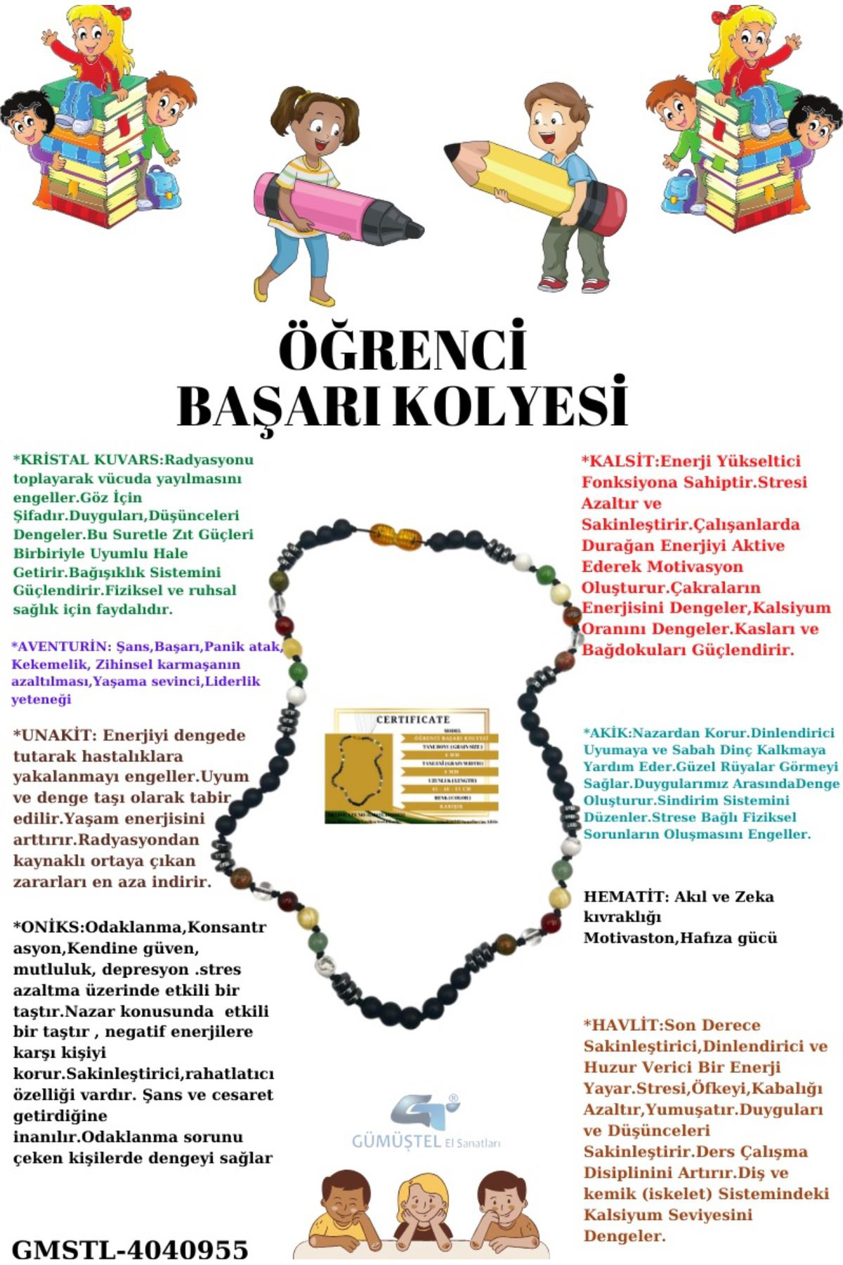 Sertifikalı Öğrenci Başarı Kolyesi Oniks,Hematit,Unakit, Kristal 