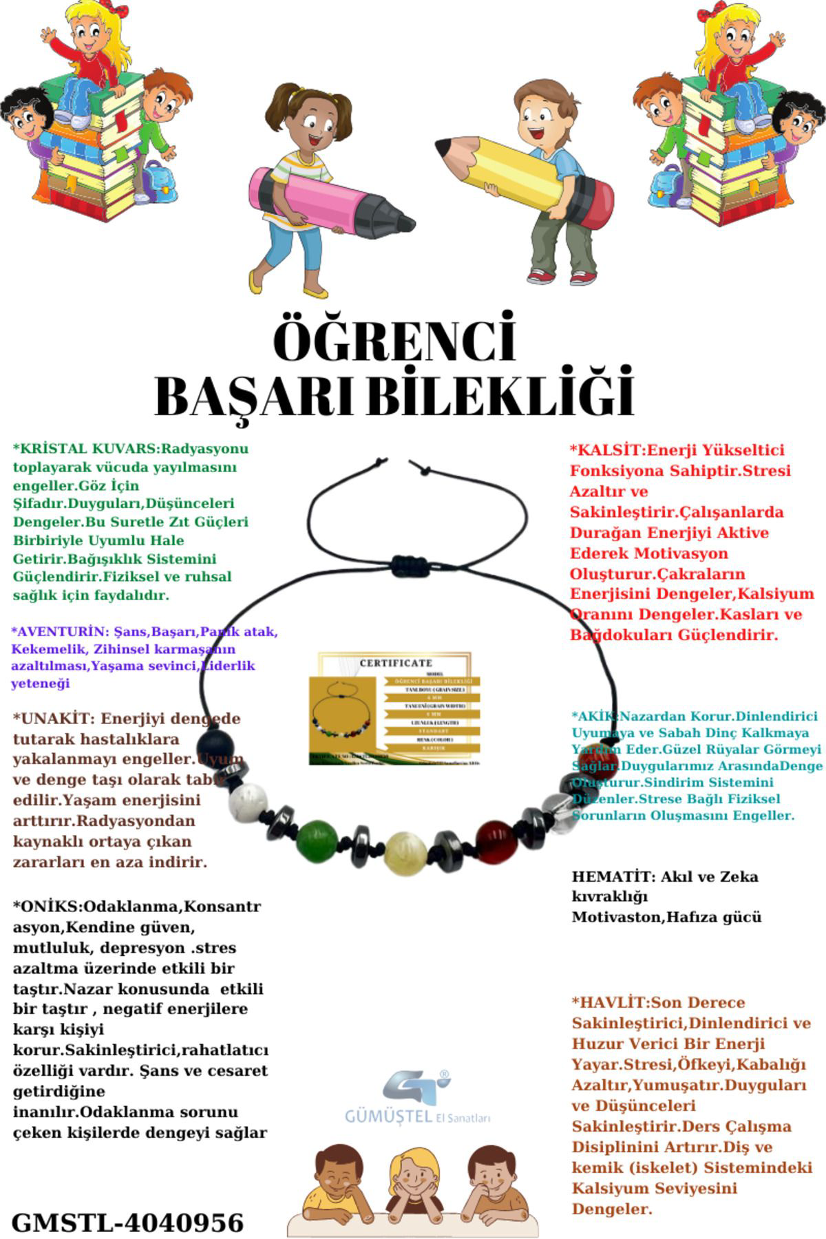 Sertifikalı Öğrenci Başarı Bileklik Oniks,Hematit,Unakit,Kristal 