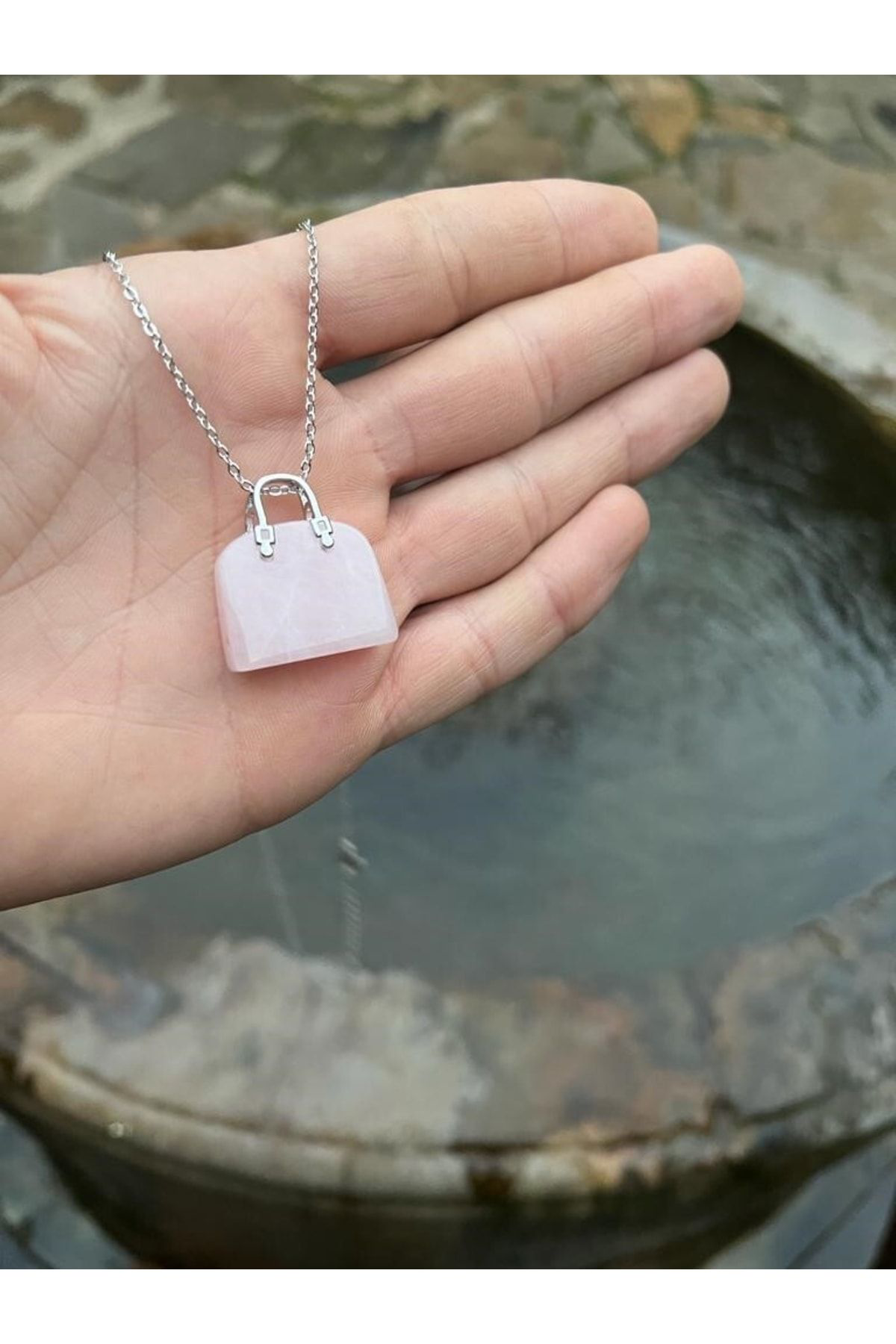 Sertifikalı Orijinal Pembe Kuvars Doğal Taş Kolye Çanta Kesim Aaa