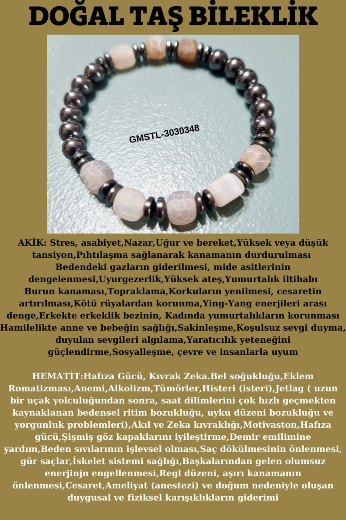 Sertifikalı Orijinal Doğal Taş Bileklik Akik Hematit Sürpriz Hedi