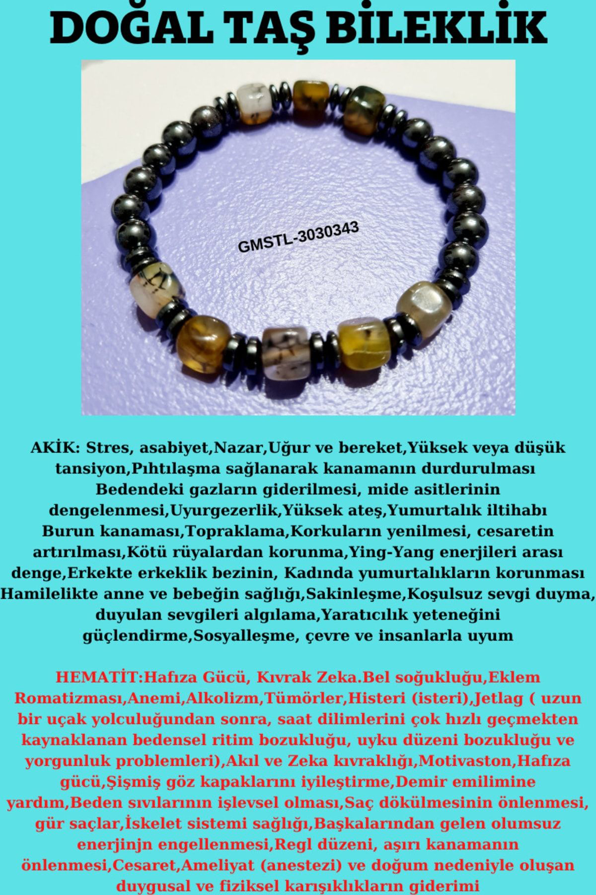 Sertifikalı Orijinal Doğal Taş Bileklik Akik Hematit Sürpriz Hedi