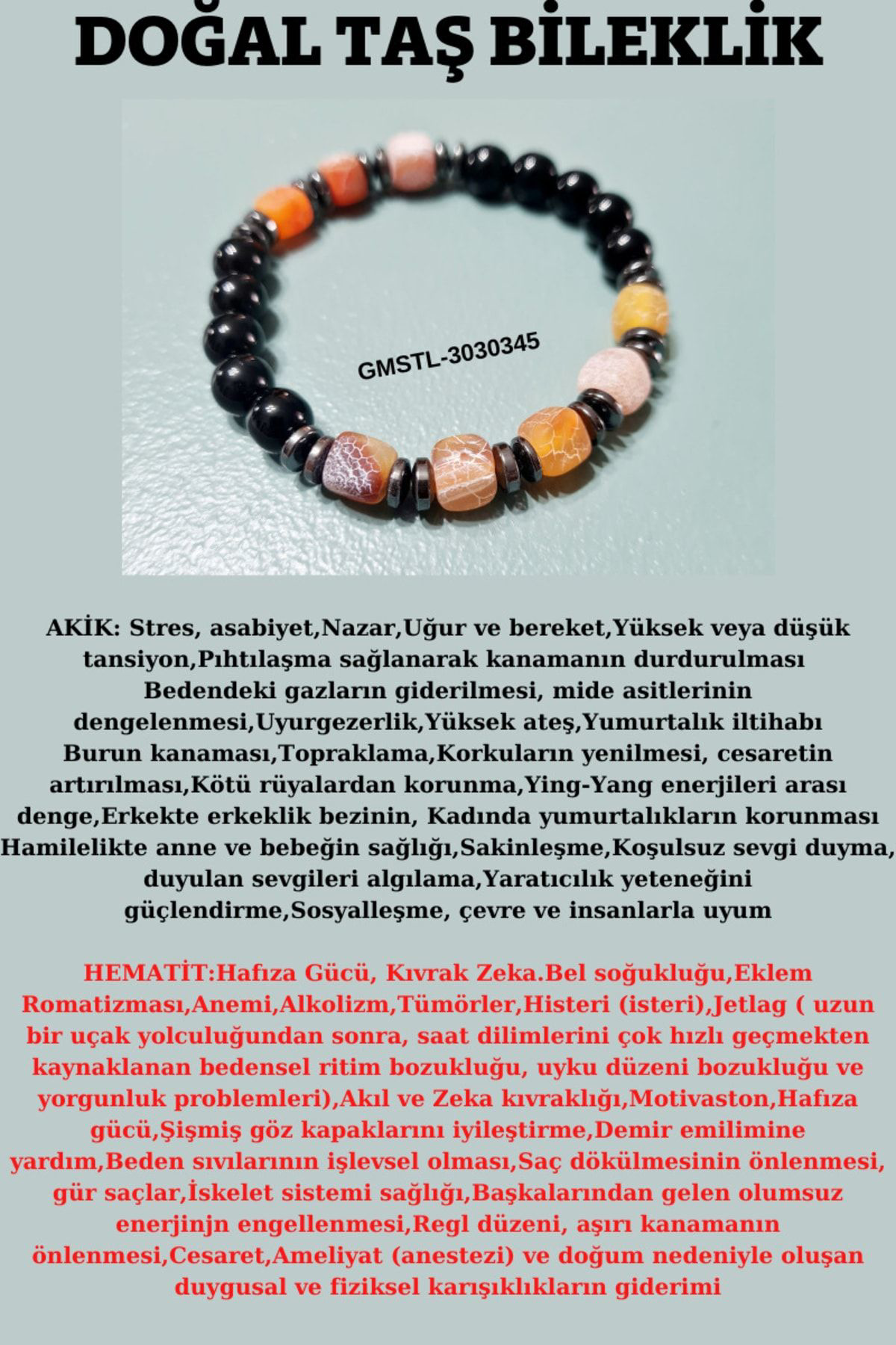 Sertifikalı Orijinal Doğal Taş Bileklik Akik Hematit Sürpriz Hedi