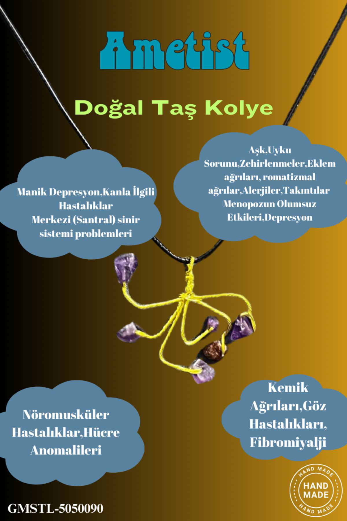 Sertifikalı Orijinal Doğal Taş Ametist Taşı El Yapımı Bakır Tel S