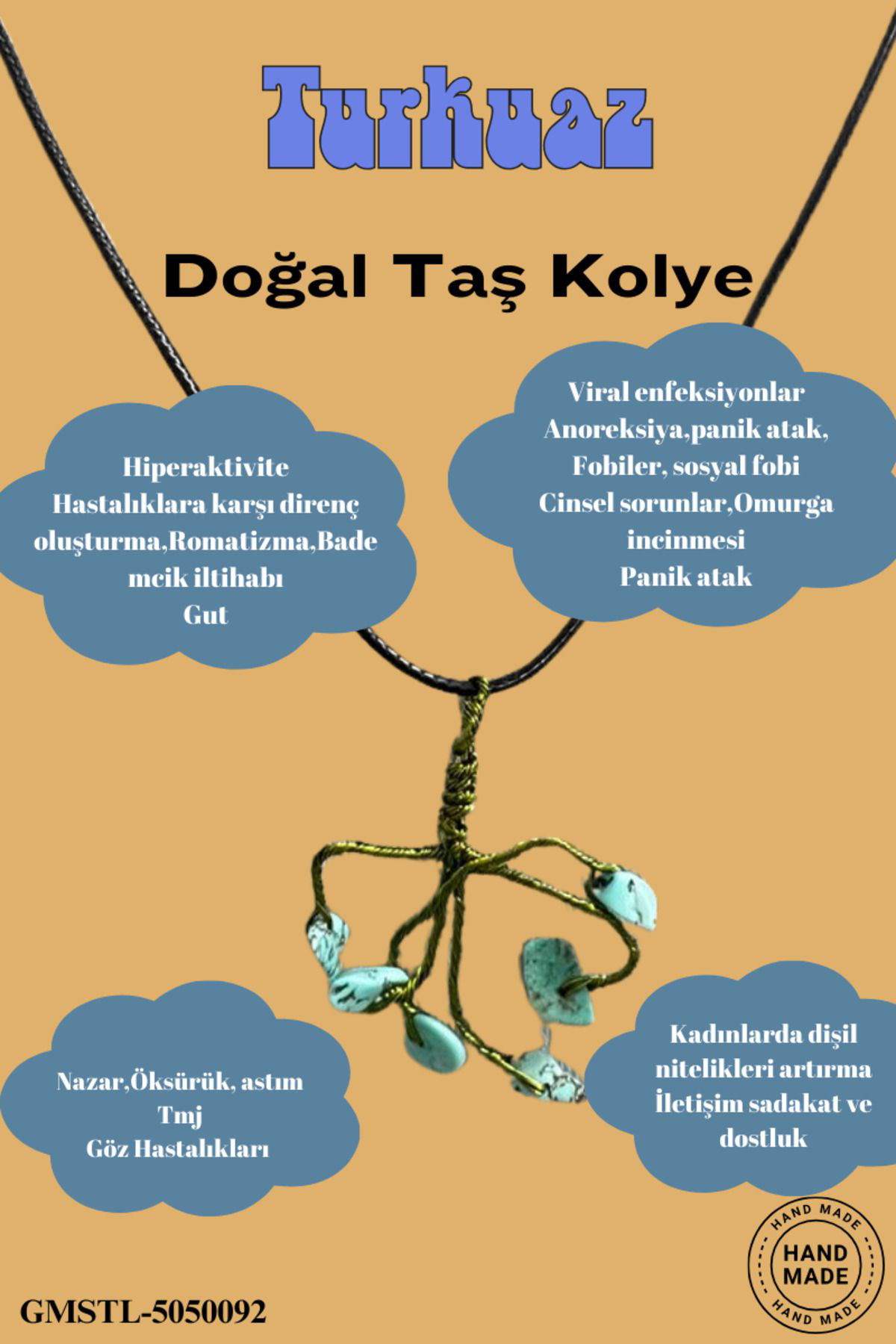 Sertifikalı Orijinal Doğal Taş Turkuaz Taşı El Yapımı Bakır Tel S