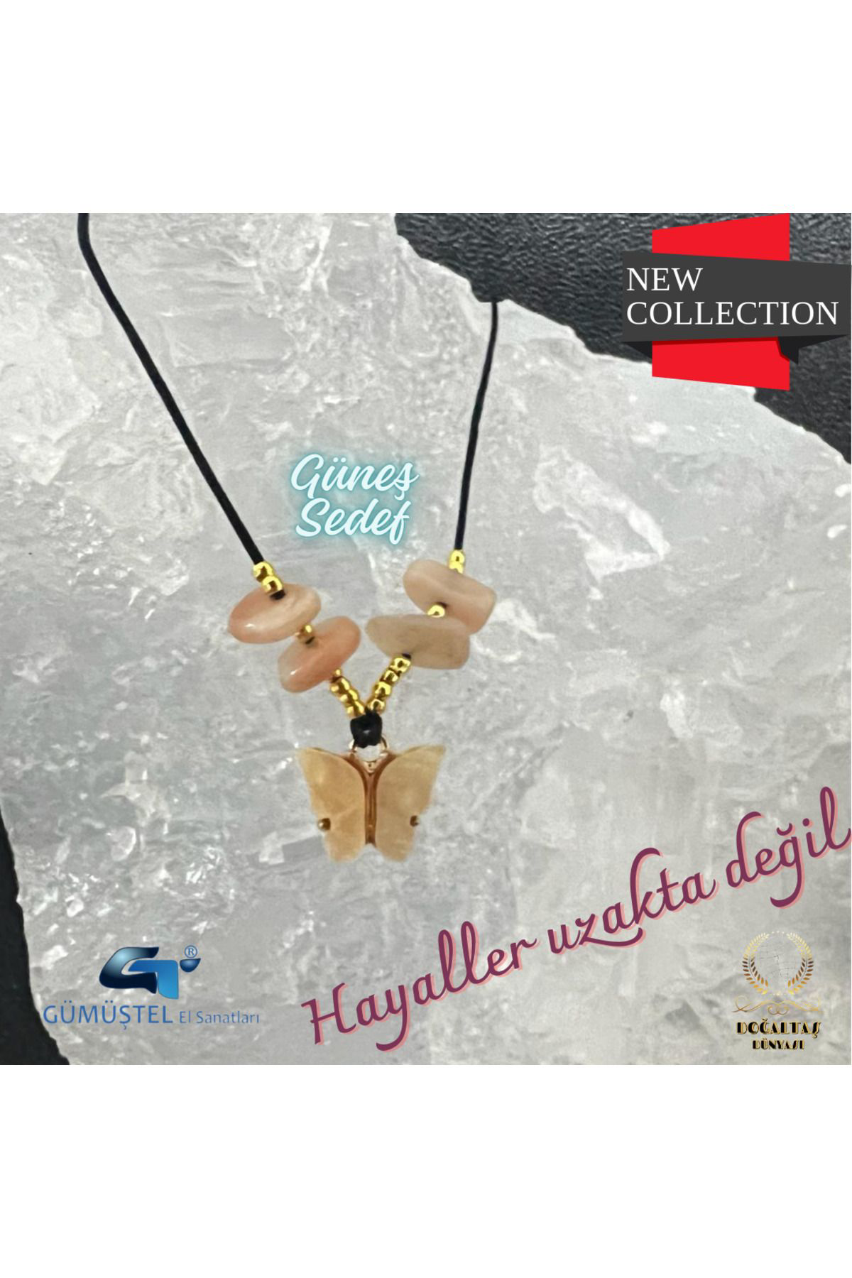 Sertifikalı Orijinal Güneş & Sedef Doğal Taş Kolye Kelebek Detayl