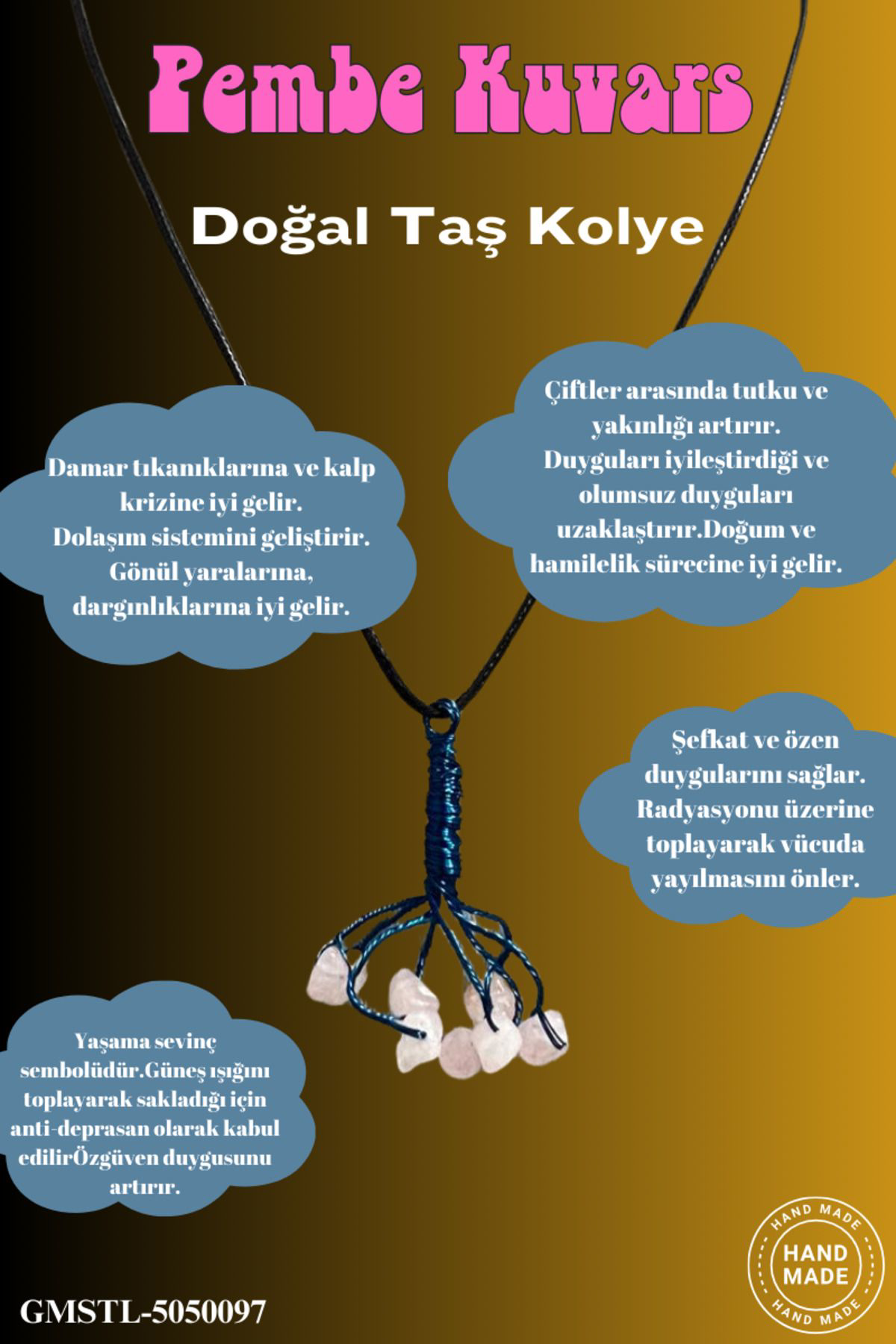 Sertifikalı Orijinal Doğal Taş Pembe Kuvars Taşı El Yapımı Bakır 
