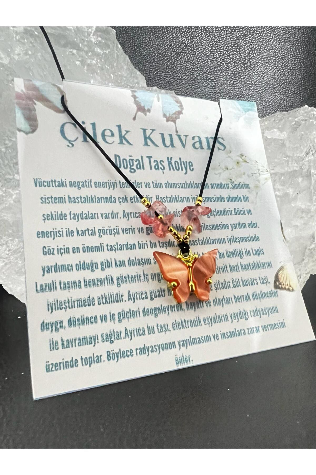 Sertifikalı Orijinal Çilek Kuvars & Sedef Doğal Taş Kolye Kelebek