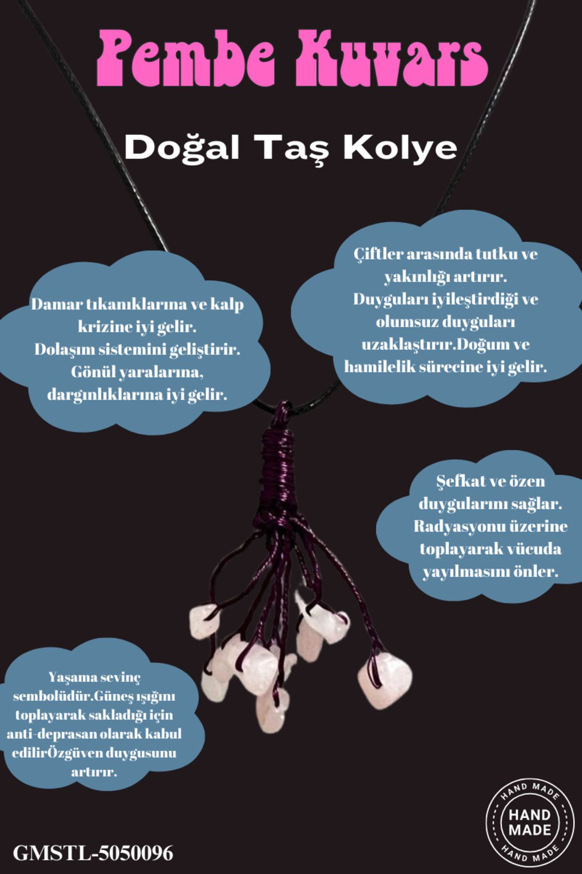 Sertifikalı Orijinal Doğal Taş Pembe Kuvars Taşı El Yapımı Bakır 