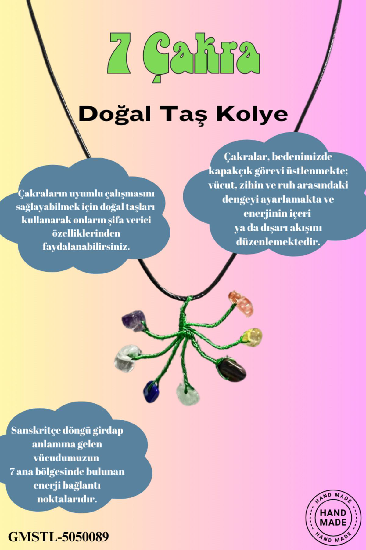 Sertifikalı Orijinal Doğal Taş 7 Çakra Taşı El Yapımı Bakır Tel S