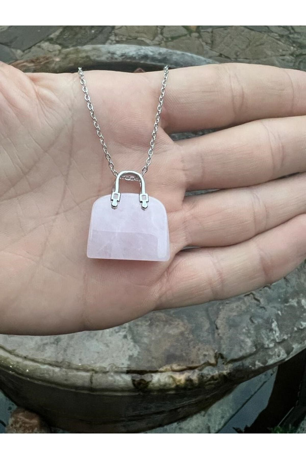 Sertifikalı Orijinal Pembe Kuvars Doğal Taş Kolye Çanta Kesim Aaa