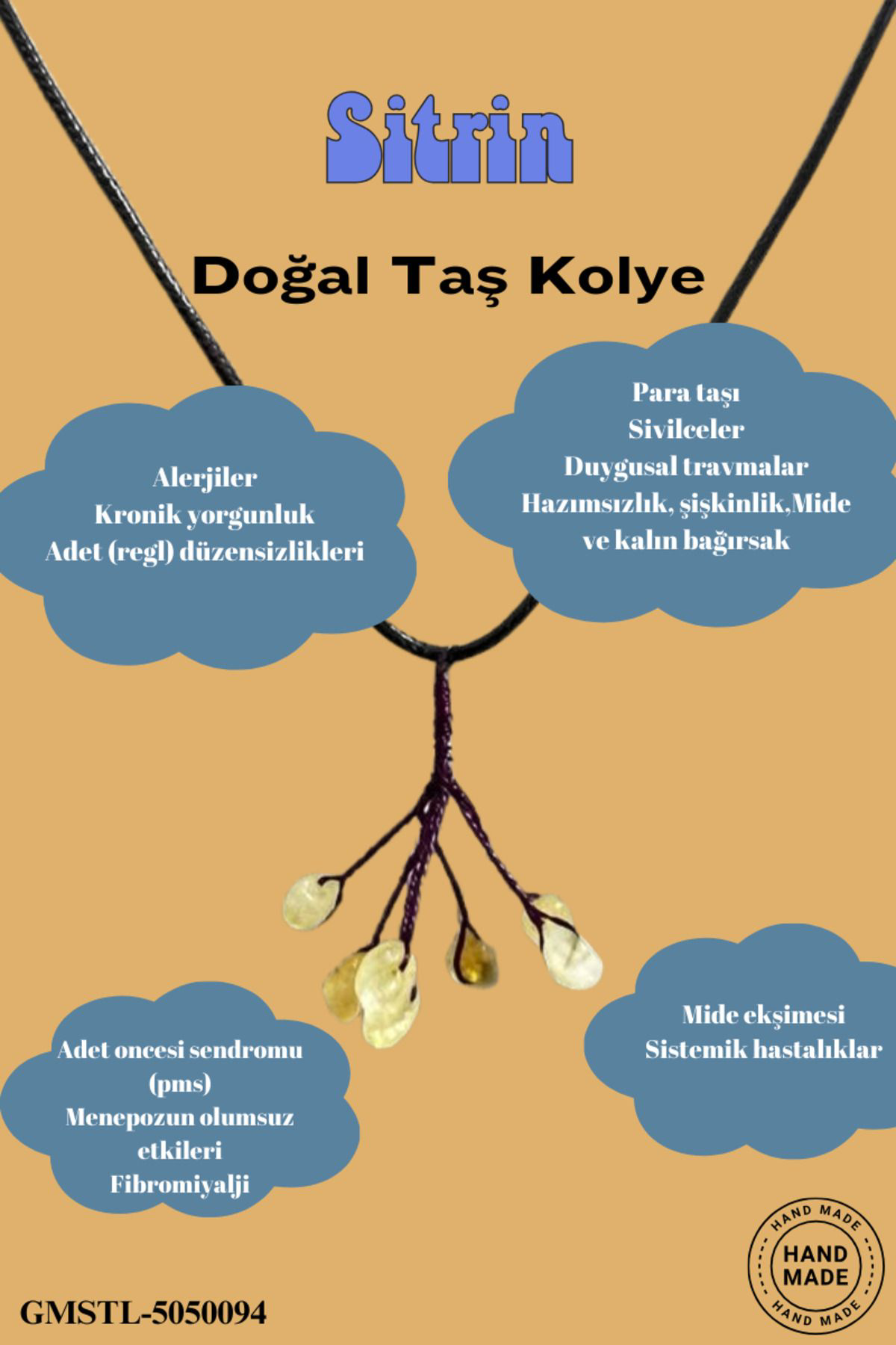 Sertifikalı Orijinal Doğal Taş Sitrin Taşı El Yapımı Bakır Tel Sa