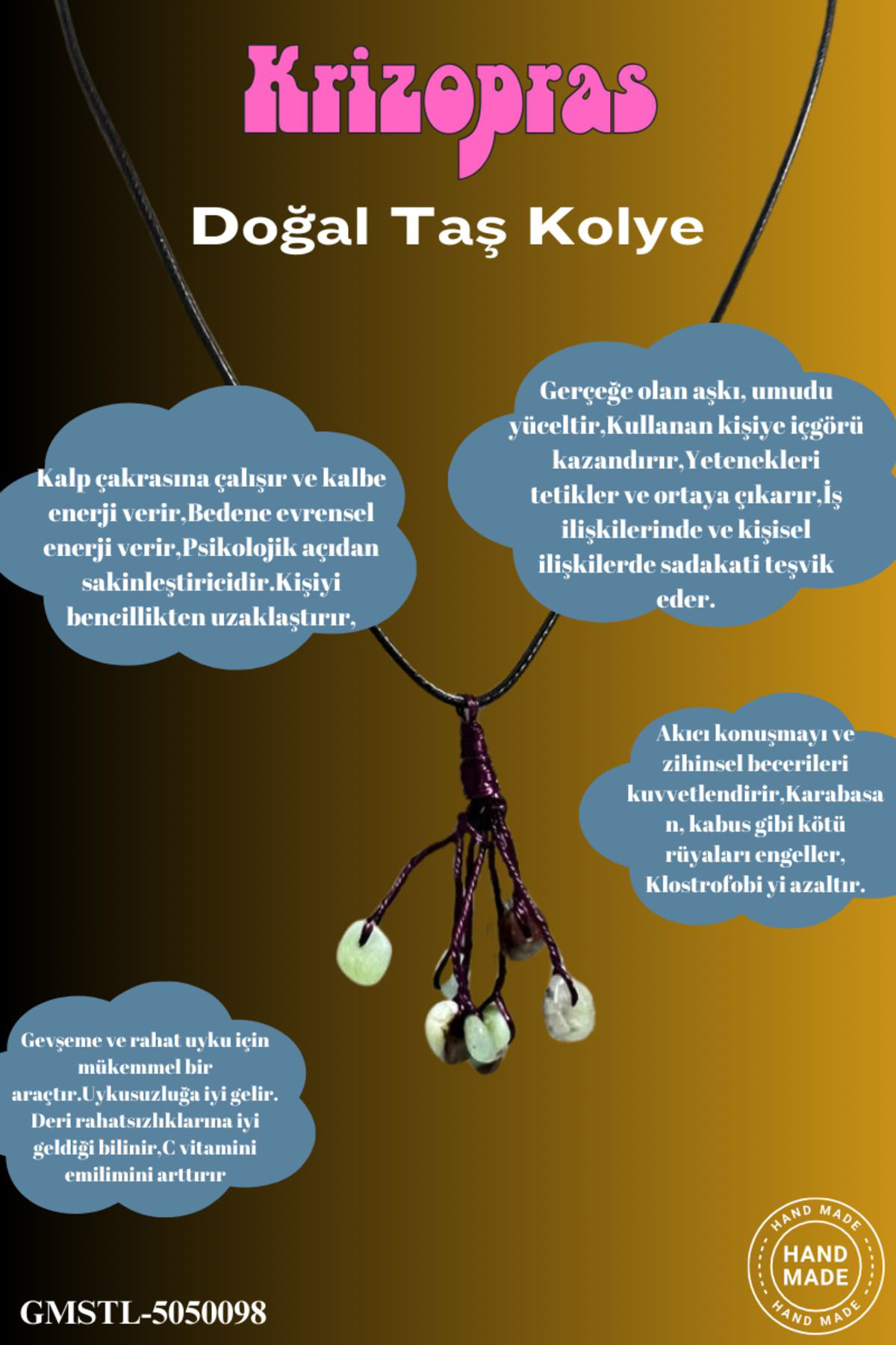 Sertifikalı Orijinal Doğal Taş Krizopras Taşı El Yapımı Bakır Tel Sertifikalı Orijinal Doğal Taş Krizopras Taşı El Yapımı Bakır Tel