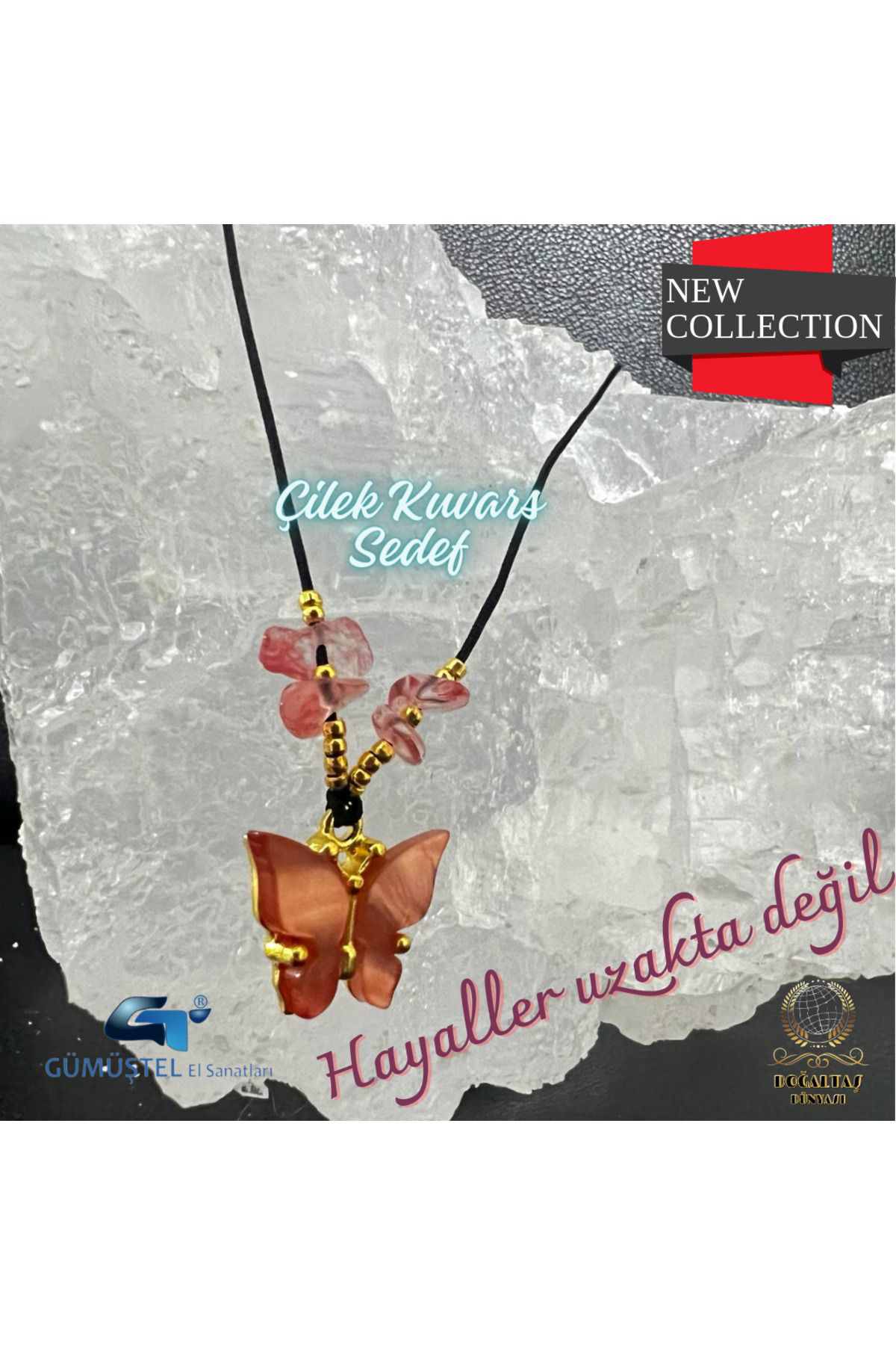 Sertifikalı Orijinal Çilek Kuvars & Sedef Doğal Taş Kolye Kelebek