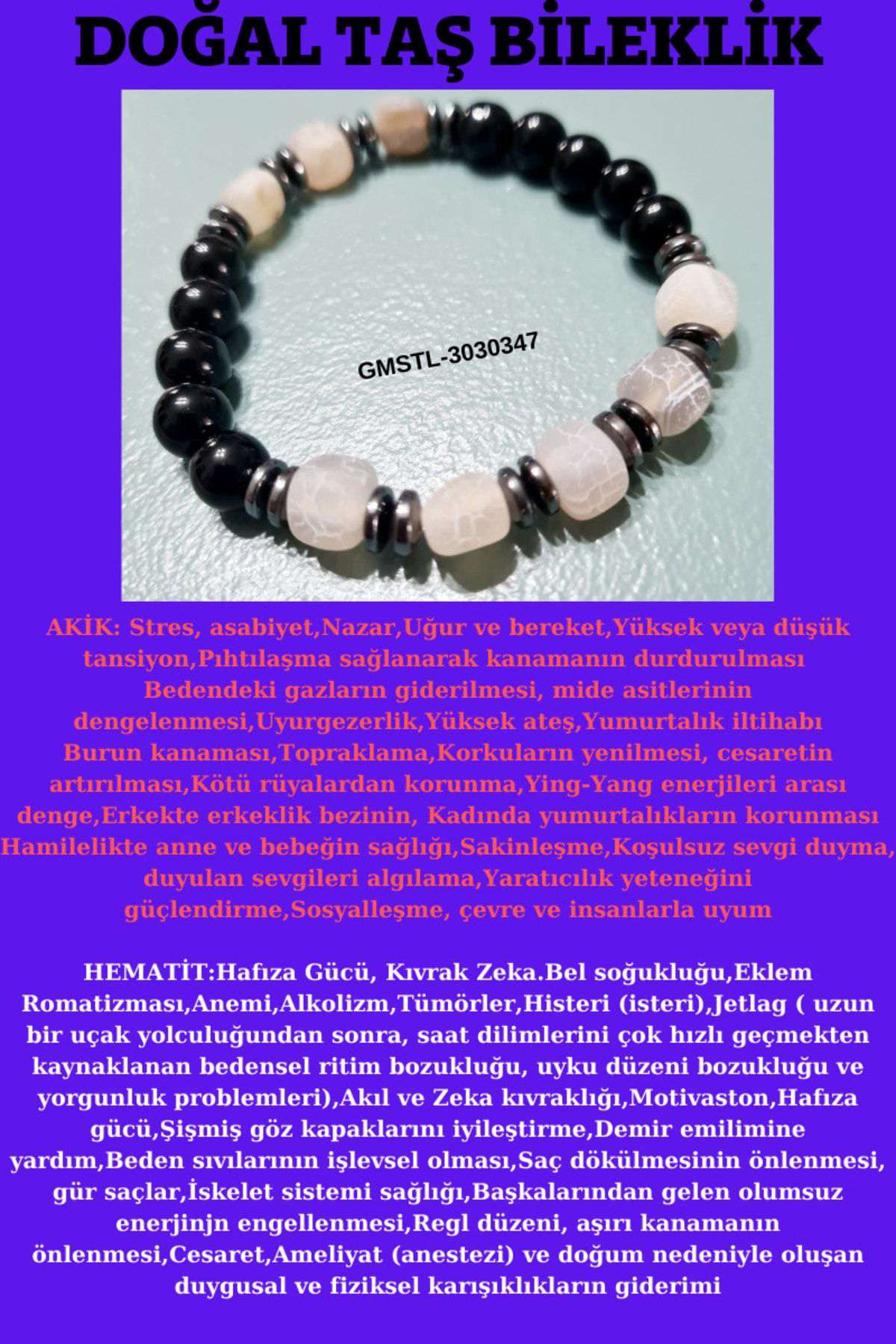Sertifikalı Orijinal Doğal Taş Bileklik Akik Hematit Sürpriz Hedi