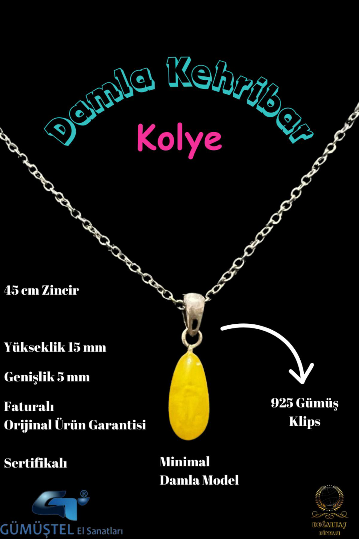 Sertifikalı Orijinal Damla Kehribar Minimal Kolye AAA Kalite Sürp