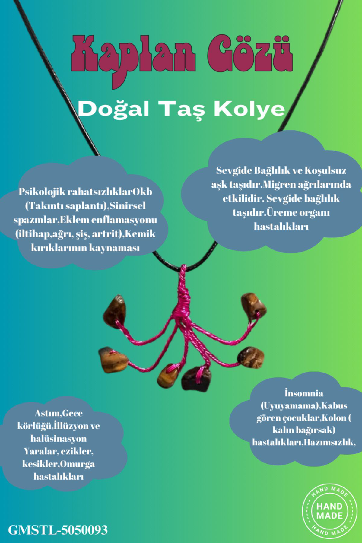 Sertifikalı Orijinal Doğal Taş Kaplan Gözü Taşı El Yapımı Bakır T