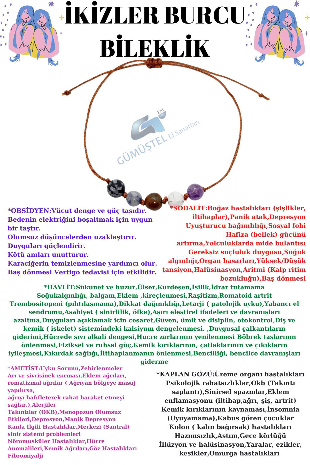 Sertifikalı Özel Tasarım Doğal Taş Ikizler Burcu Bileklik Obsidye