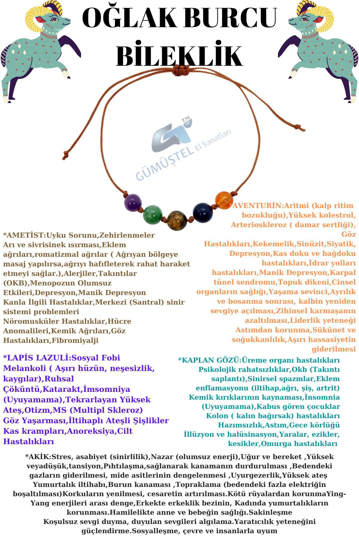 Sertifikalı Özel Tasarım Doğal Taş Oğlak Burcu Bileklik Ametist A