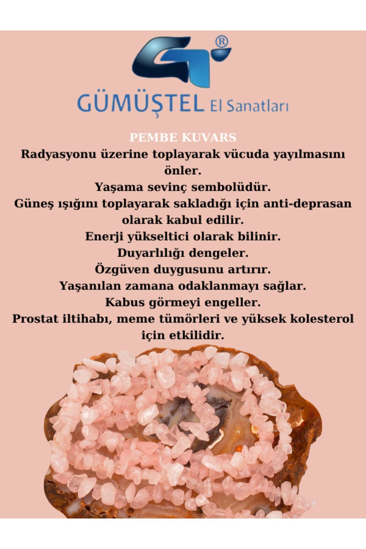 Gümüştel El Sanatlari Sertifikali Pembe Kuvars Kirik Doğal Taş - 10 Gr Delikli Doğal Ta