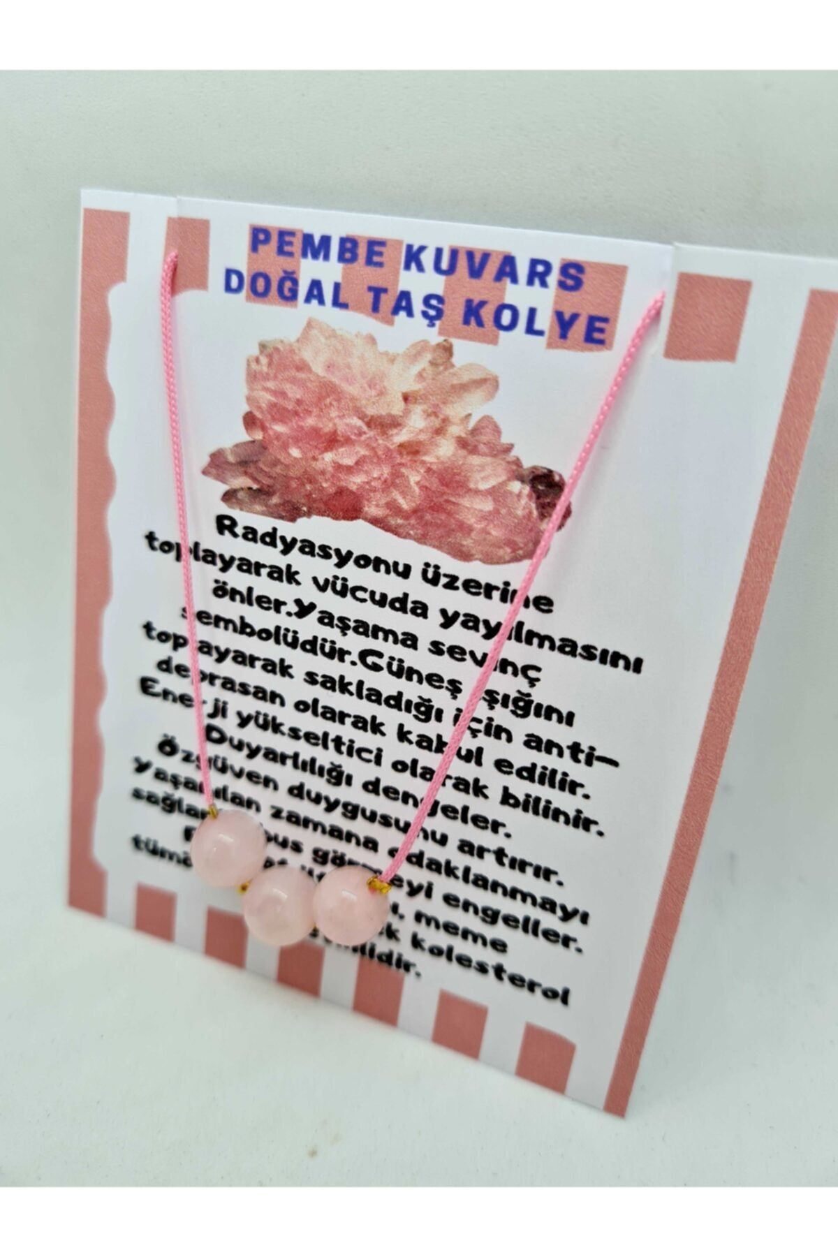 Sertifikalı Pembe Kuvars Doğal Taş Kolye Ayarlanabilir Orijinal D