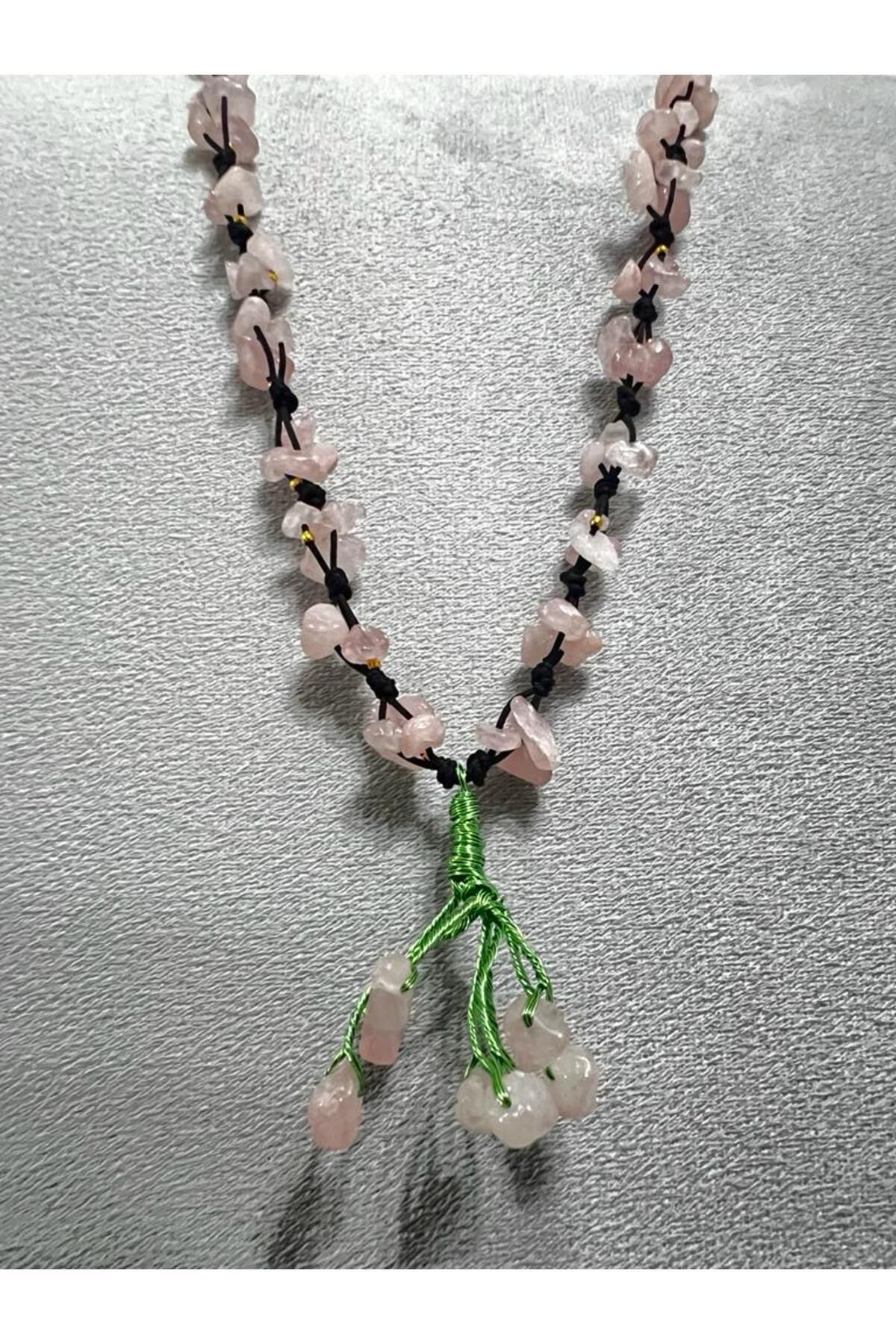 Sertifikalı Pembe Kuvars Doğal Taş El Yapımı Tasarım Kolye