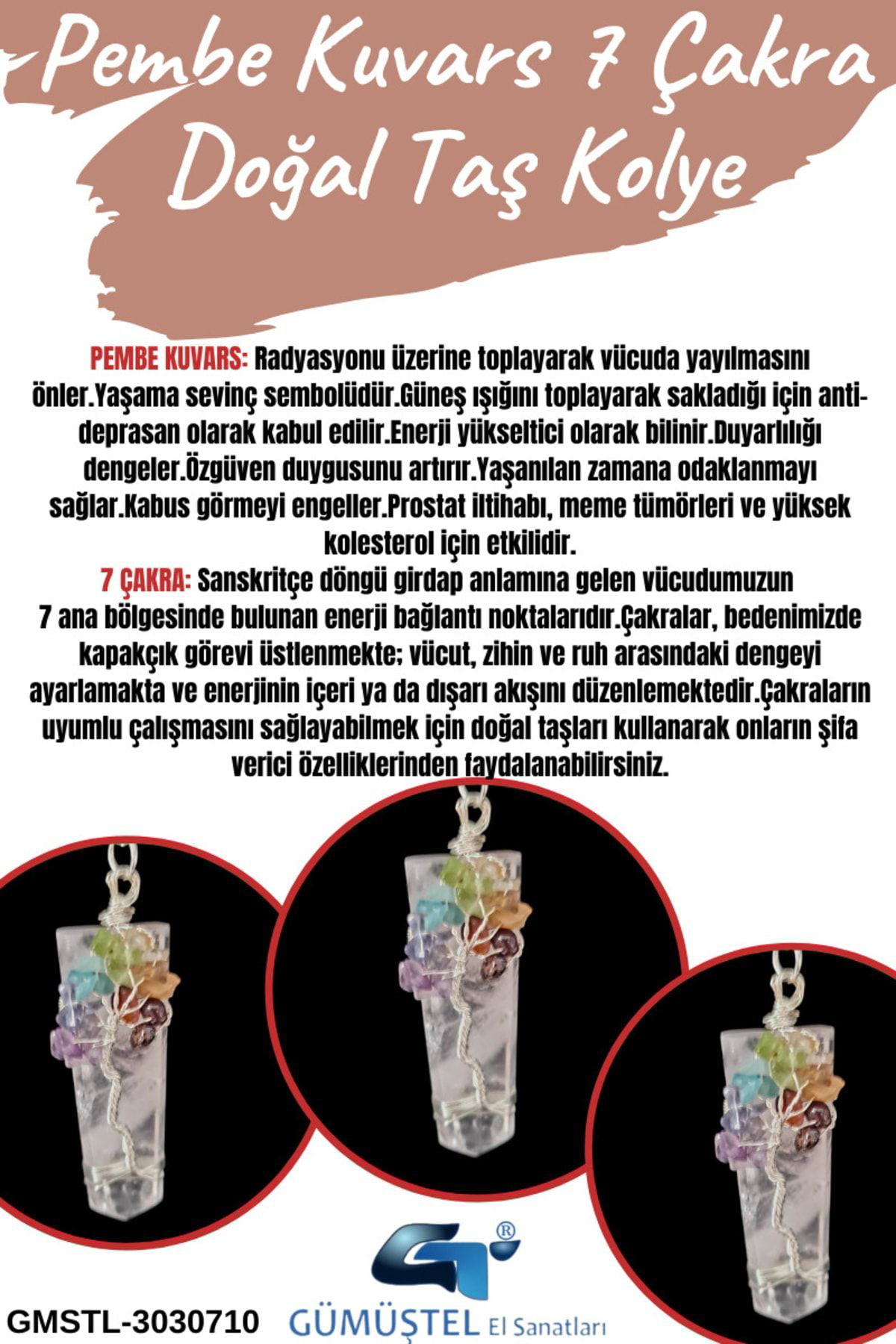Sertifikalı Pembe Kuvars & 7 Çakra Doğal Taş Kolye Özel Tasarım A