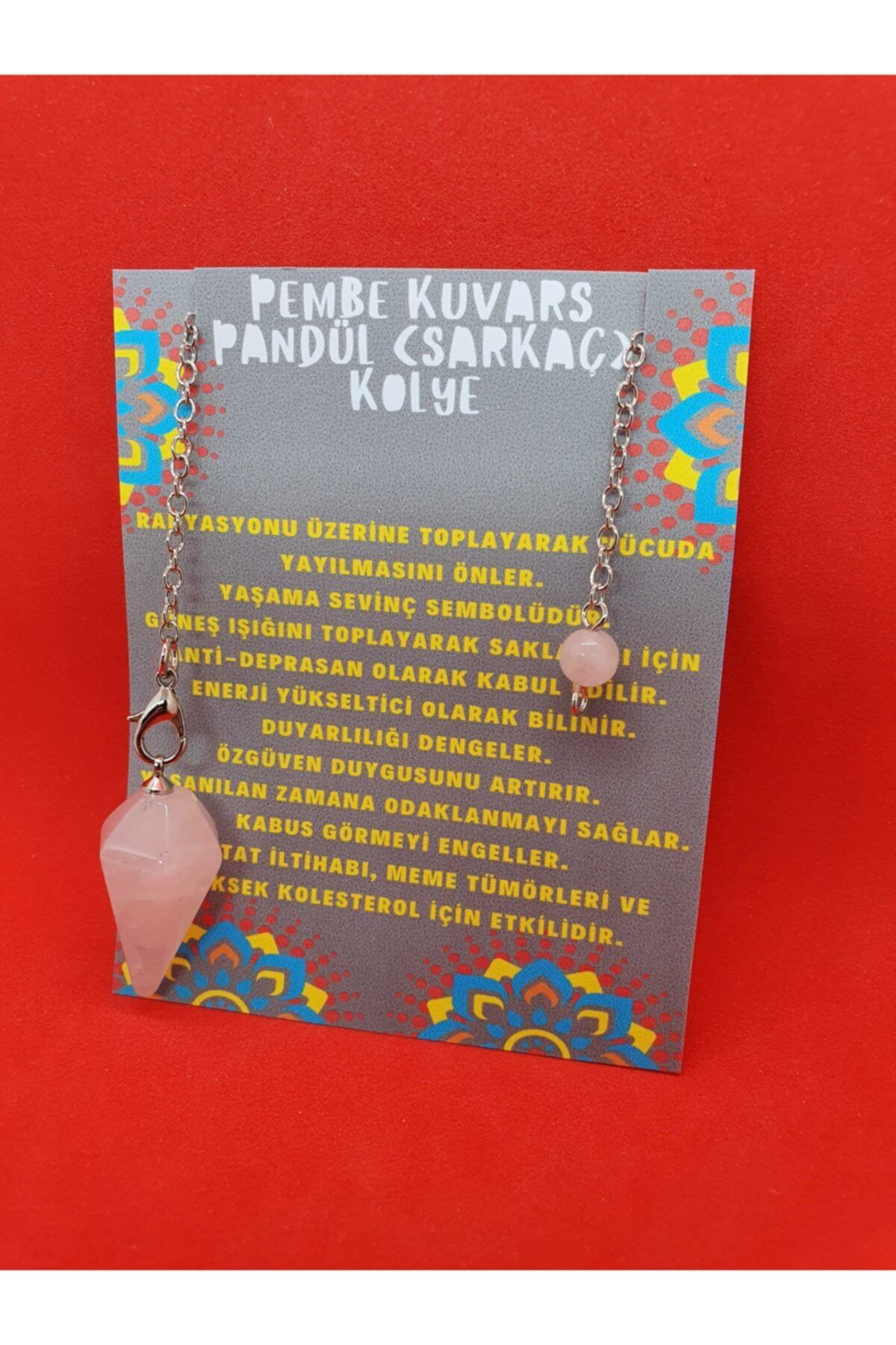 Sertifikalı Pembe Kuvars Doğal Taş Pandül Sarkaç Kolye