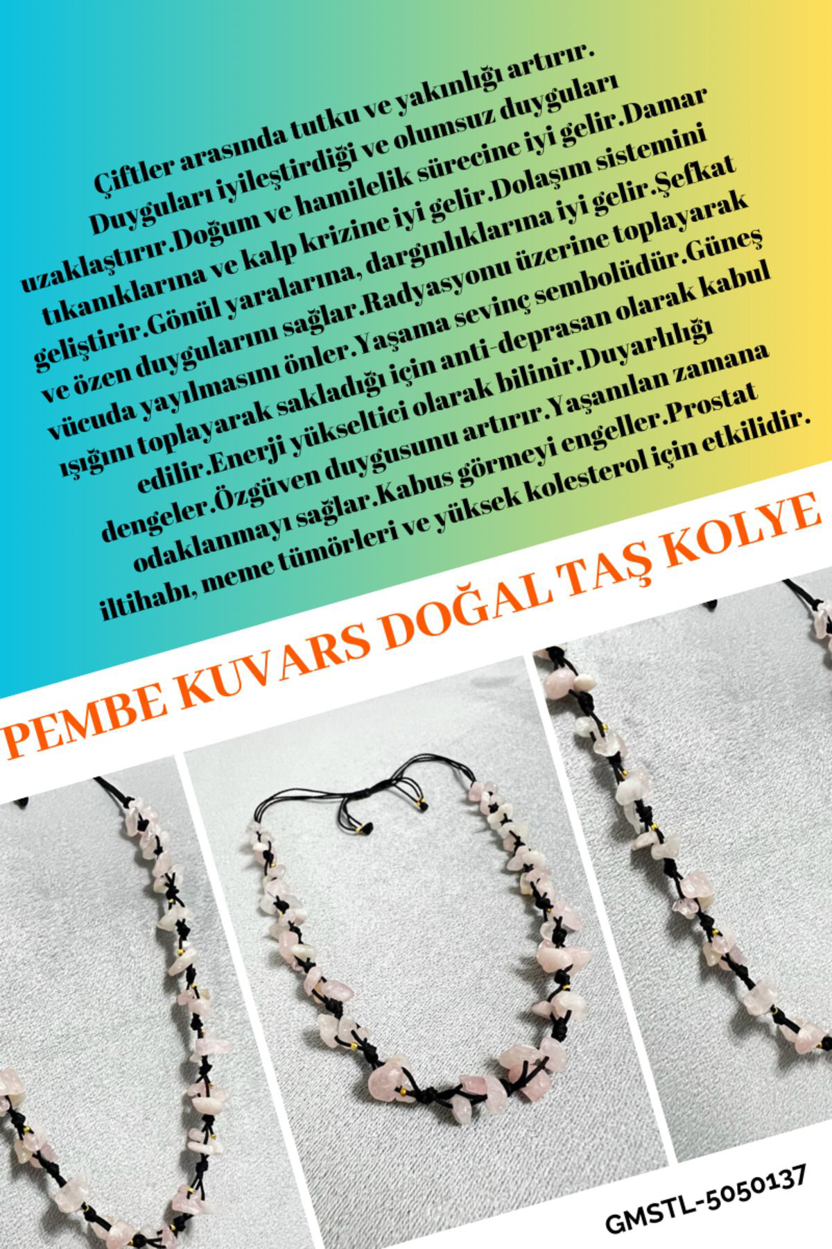 Sertifikalı Pembe Kuvars Doğal Taş Tasarım Kolye