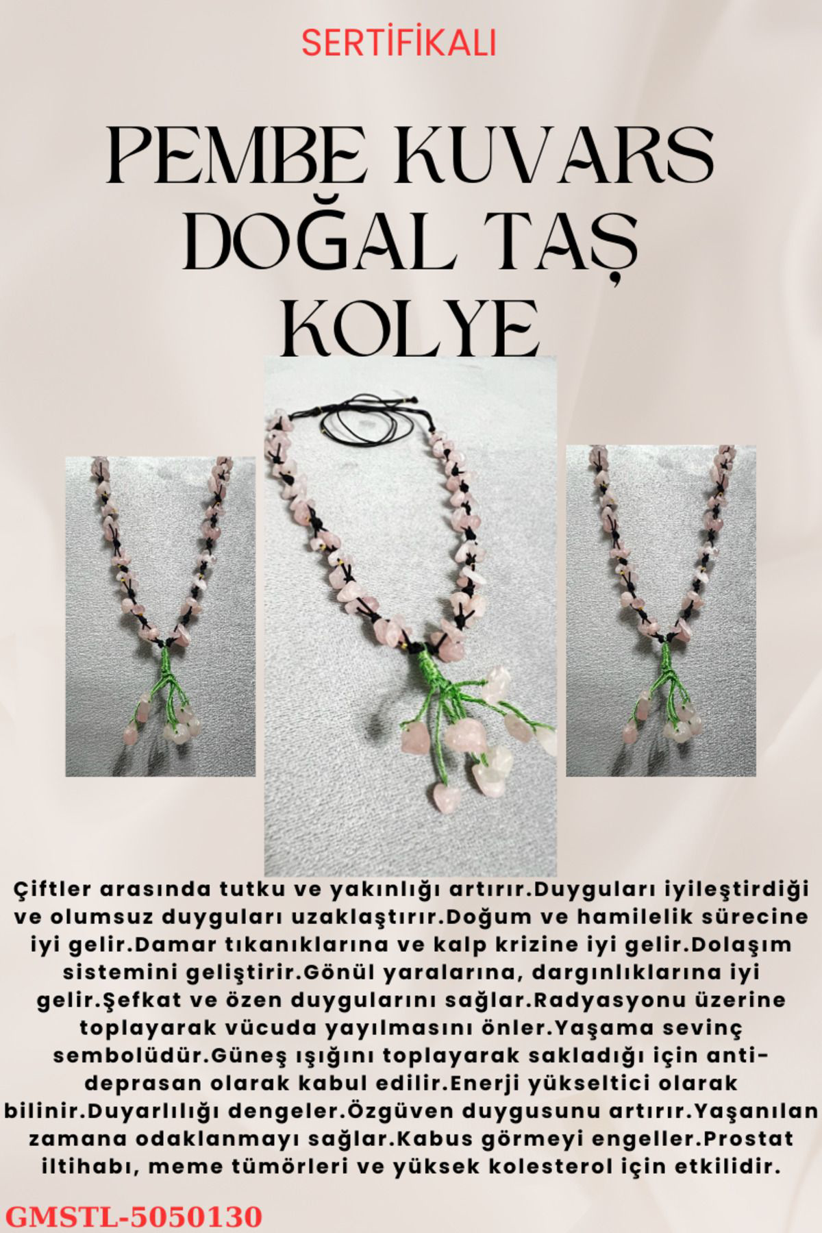 Sertifikalı Pembe Kuvars Doğal Taş El Yapımı Tasarım Kolye