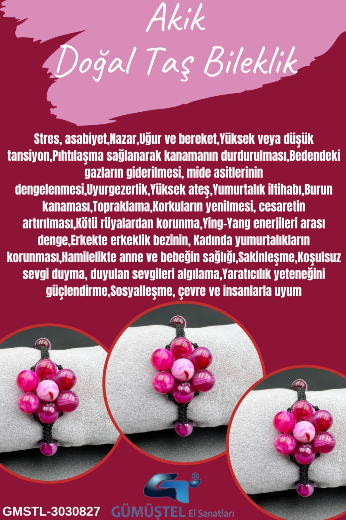 Sertifikalı Pembe Akik Doğal Taş Bileklik Asansörlü Kilit Sistemi Sertifikalı Pembe Akik Doğal Taş Bileklik Asansörlü Kilit Sistemi