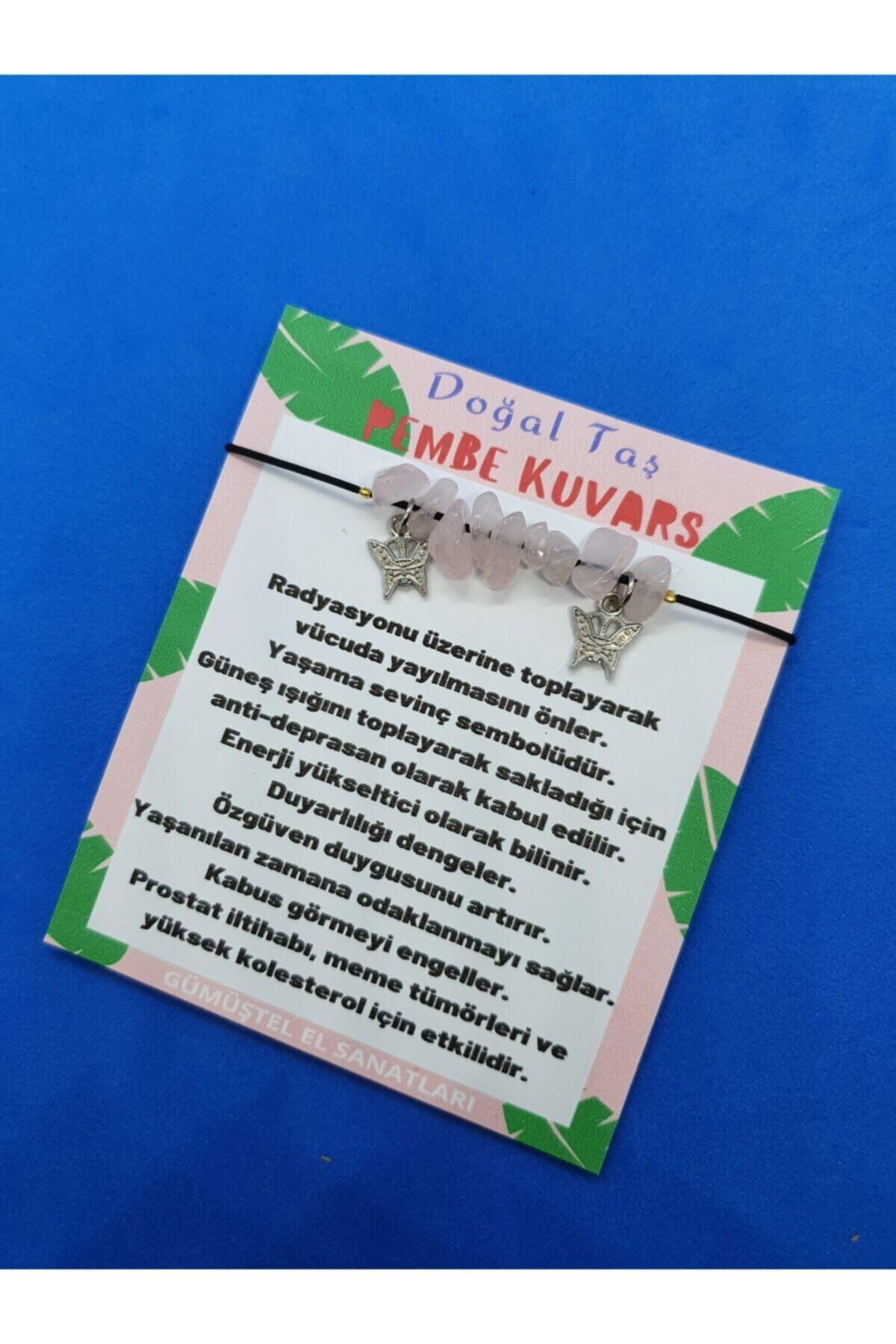 Sertifikalı Pembe Kuvars Doğal Taş Bileklik Kelebek Detaylı Oriji