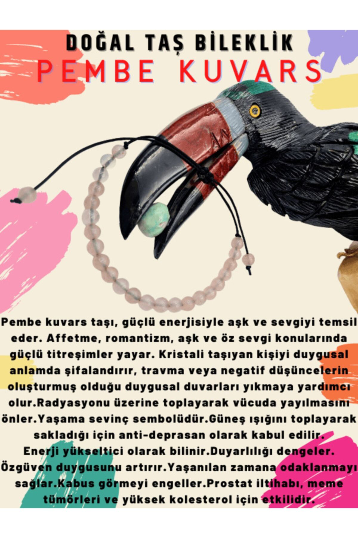 Sertifikalı Pembe Kuvars Doğal Taş Bileklik Ayarlamalı Kilit Sist