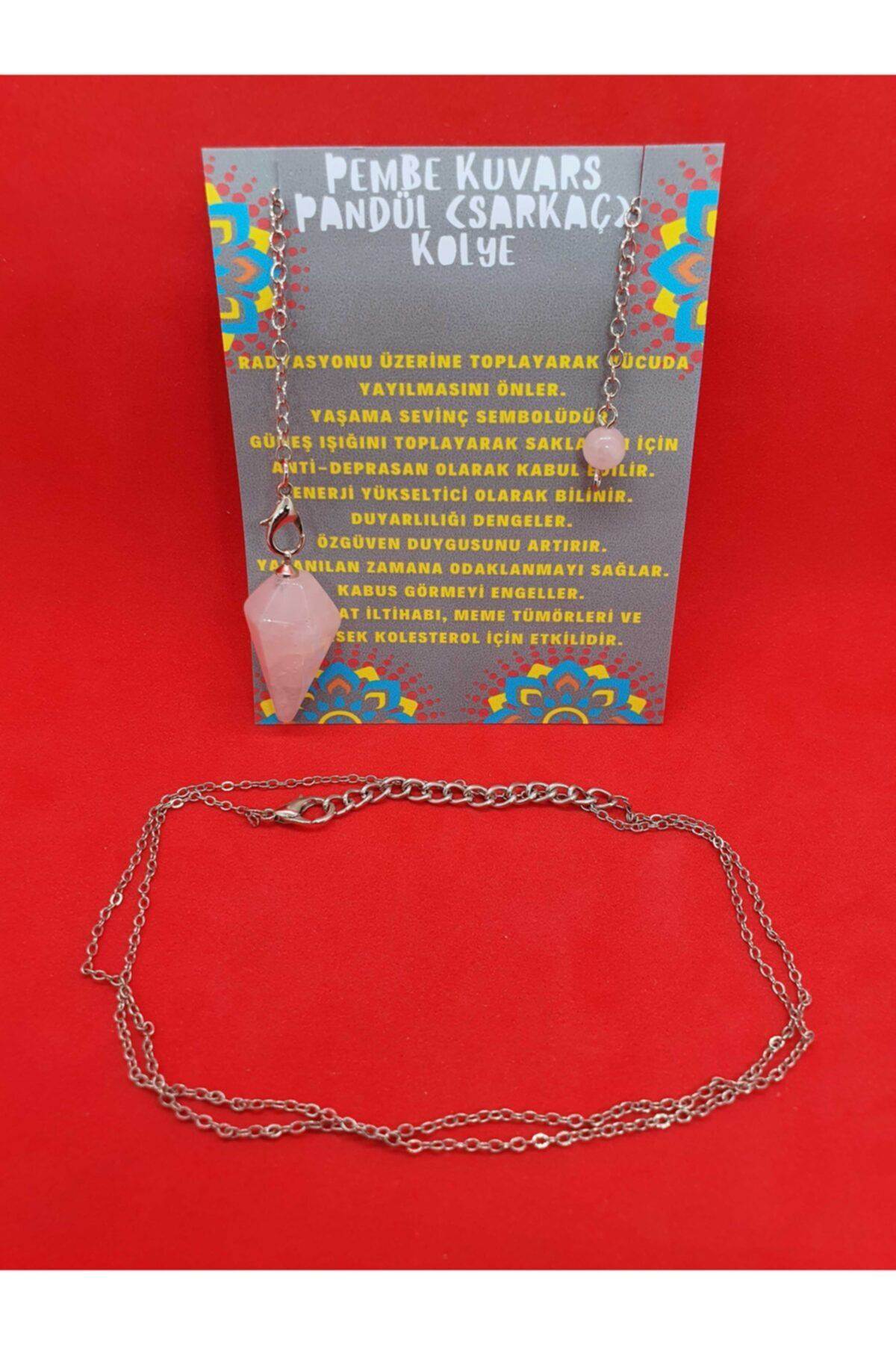 Sertifikalı Pembe Kuvars Doğal Taş Pandül Sarkaç Kolye