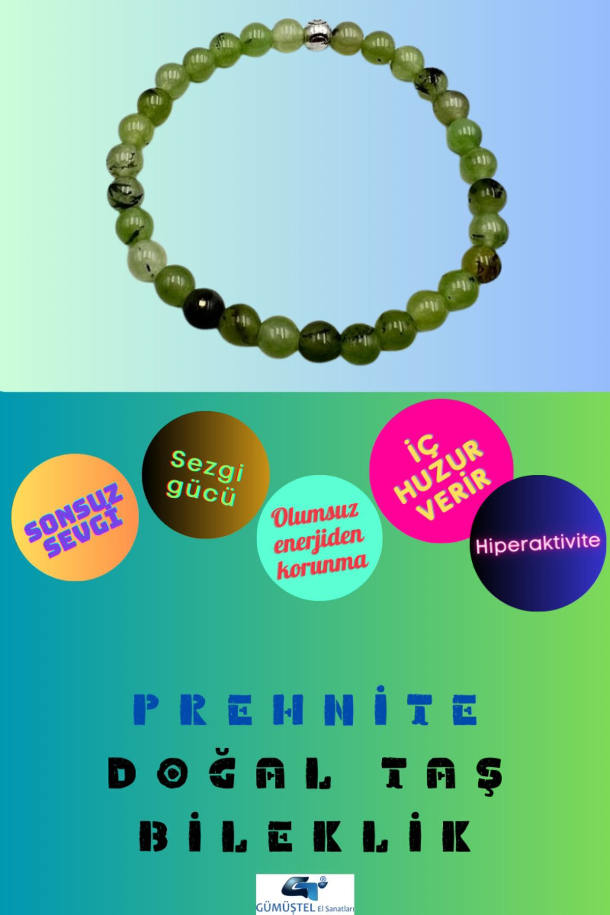 Sertifikalı Prehnite Doğal Taş Bileklik 6 Mm Sürpriz Hediyeli Aaa