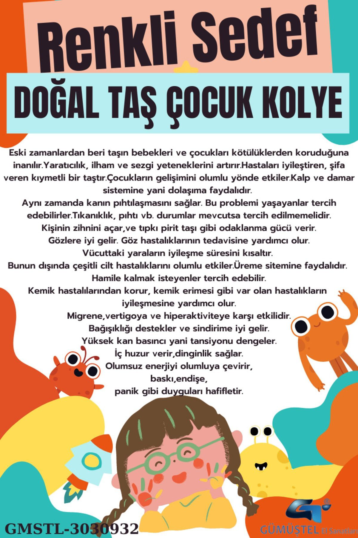 Sertifikalı Renkli Sedef Doğal Taş Çocuk Kolyesi Asansörlü Kilit 