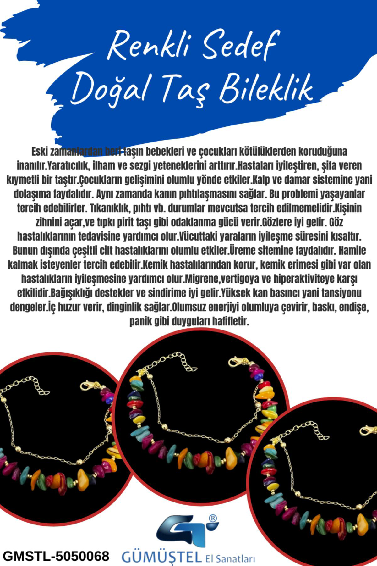 Sertifikalı Renkli Sedef Doğal Taş Bileklik Özel Tasarım