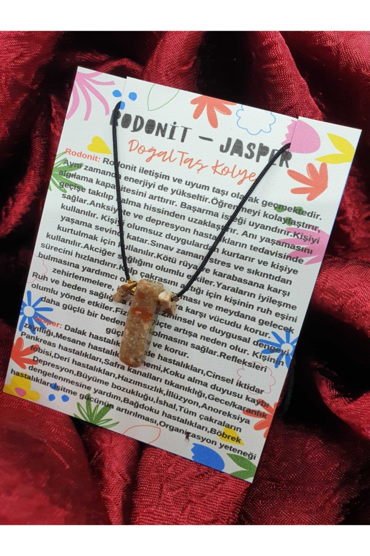 Sertifikalı Rodonit Ve Jasper Taşı Kolye Ayarlanabilir Doğal Taş 