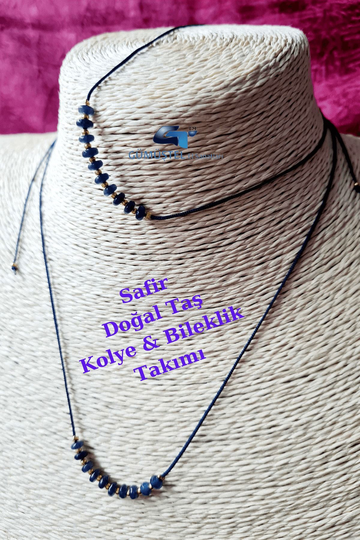 Gümüştel El Sanatlari Sertifikali Safir Doğal Taş Kolye & Bileklik Takimi Çok Fonksiyon