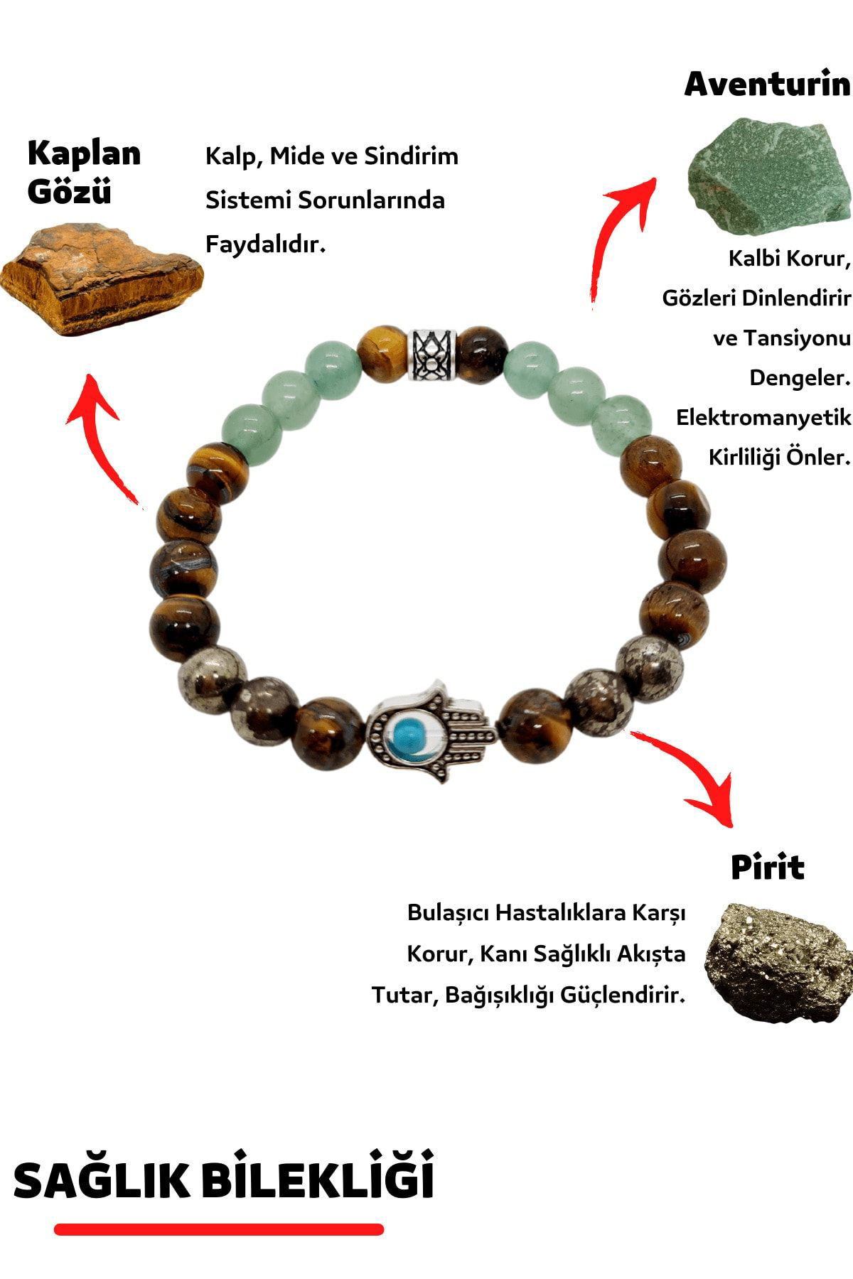 Sertifikalı Sağlık & Şifa Doğal Taş Tılsım Bilekliği Pirit Aventu