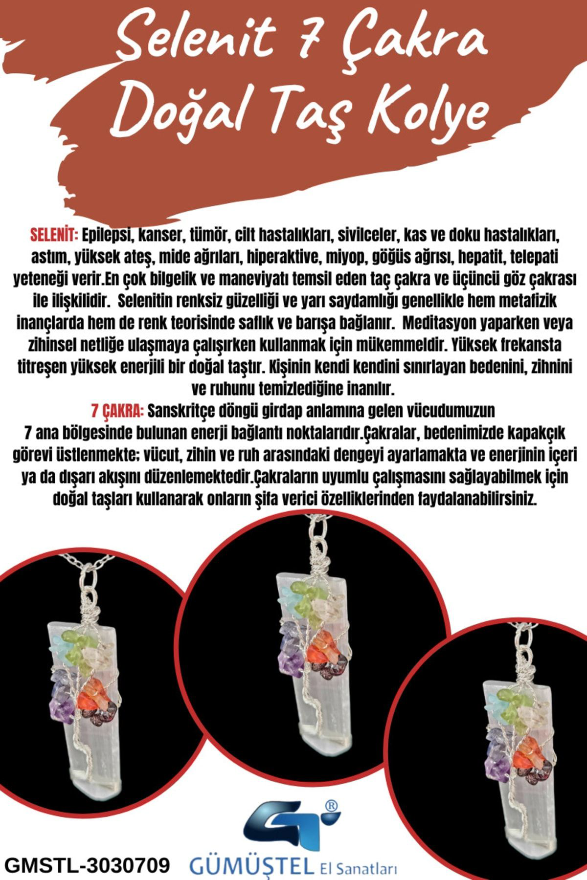 Sertifikalı Selenit & 7 Çakra Doğal Taş Kolye Özel Tasarım Aaa Ka