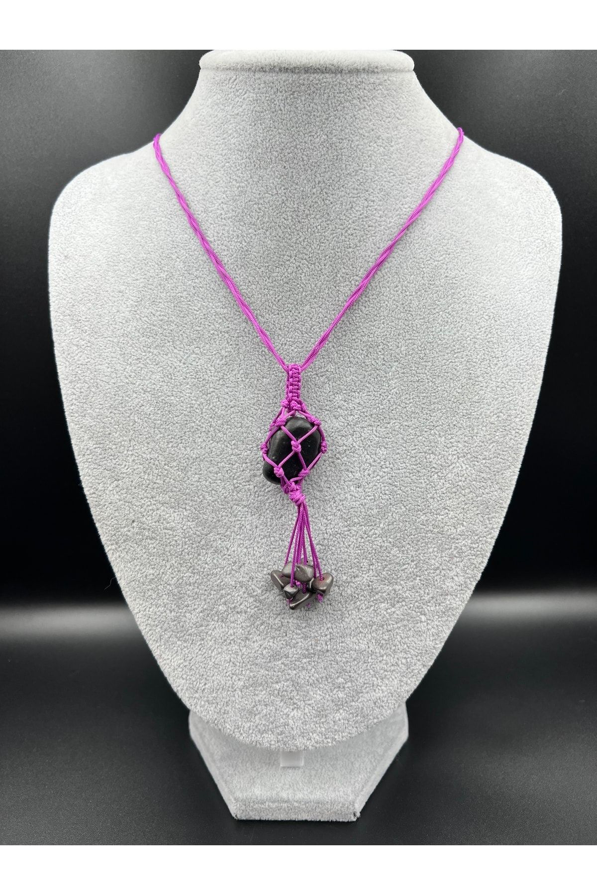 Sertifikalı Shungite Doğal Taş Tasarım Kolye El Yapımı Örgü Model