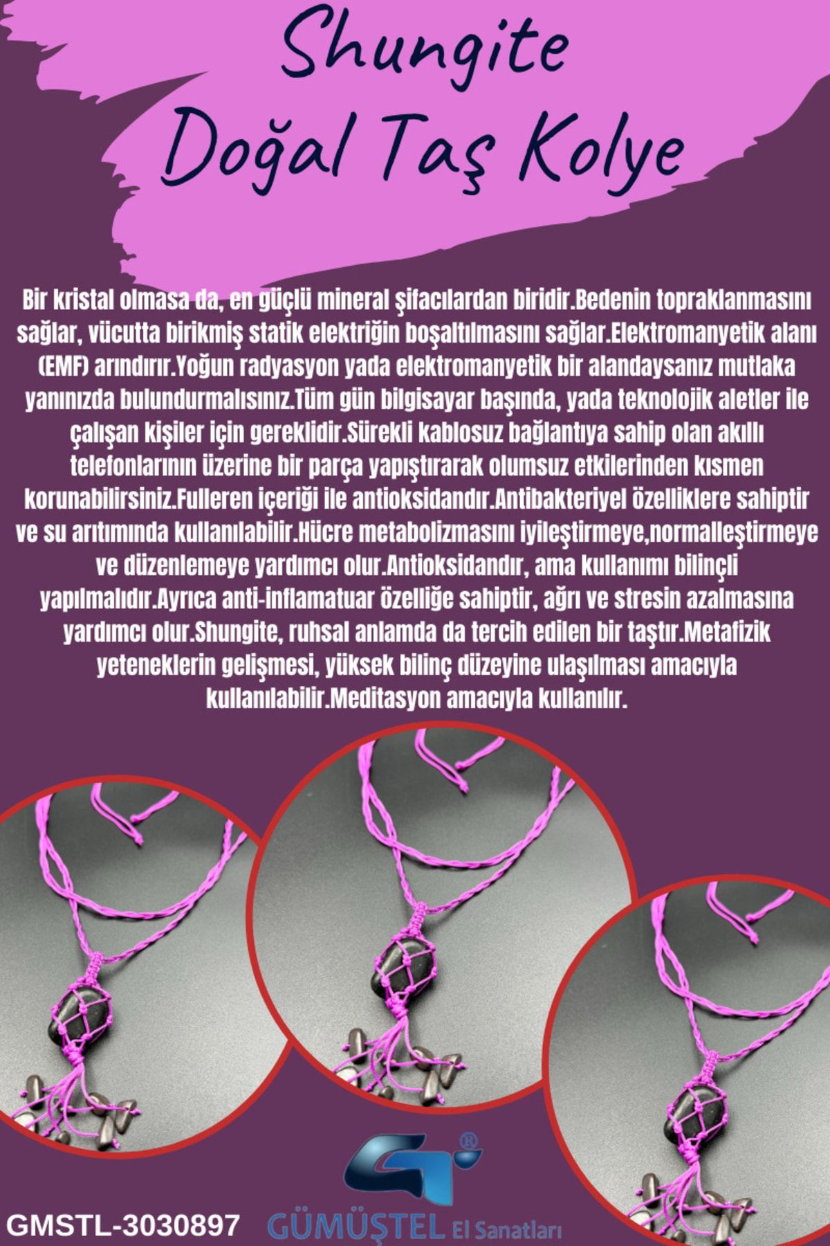 Sertifikalı Shungite Doğal Taş Tasarım Kolye El Yapımı Örgü Model