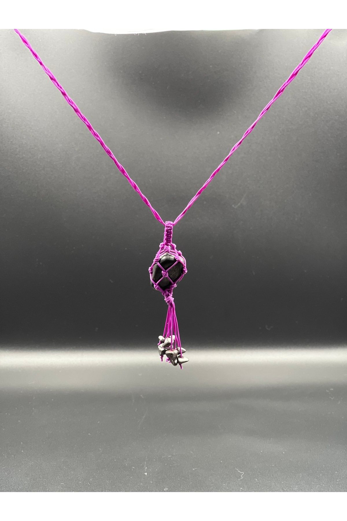 Sertifikalı Shungite Doğal Taş Tasarım Kolye El Yapımı Örgü Model