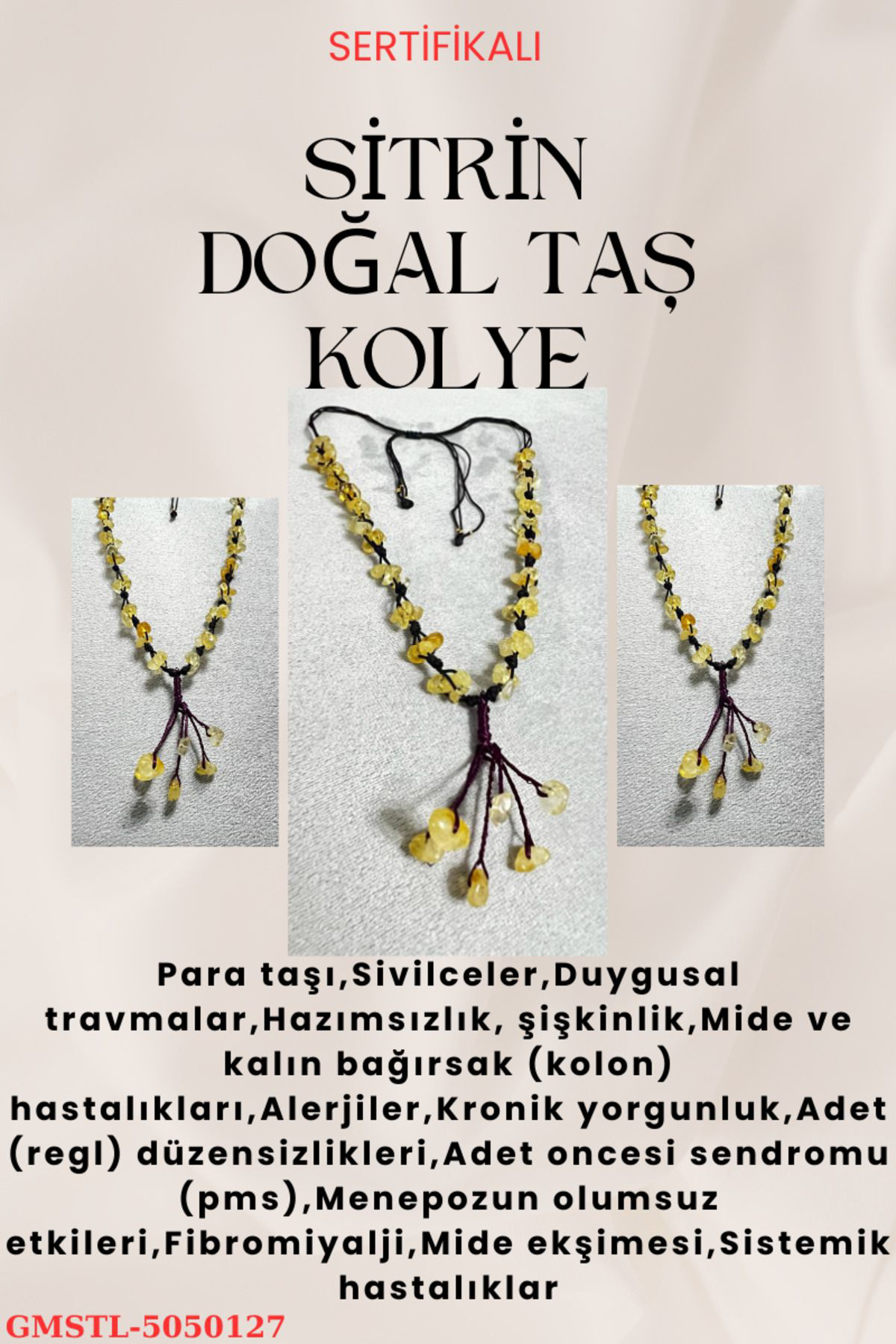 Sertifikalı Sitrin Doğal Taş El Yapımı Tasarım Kolye