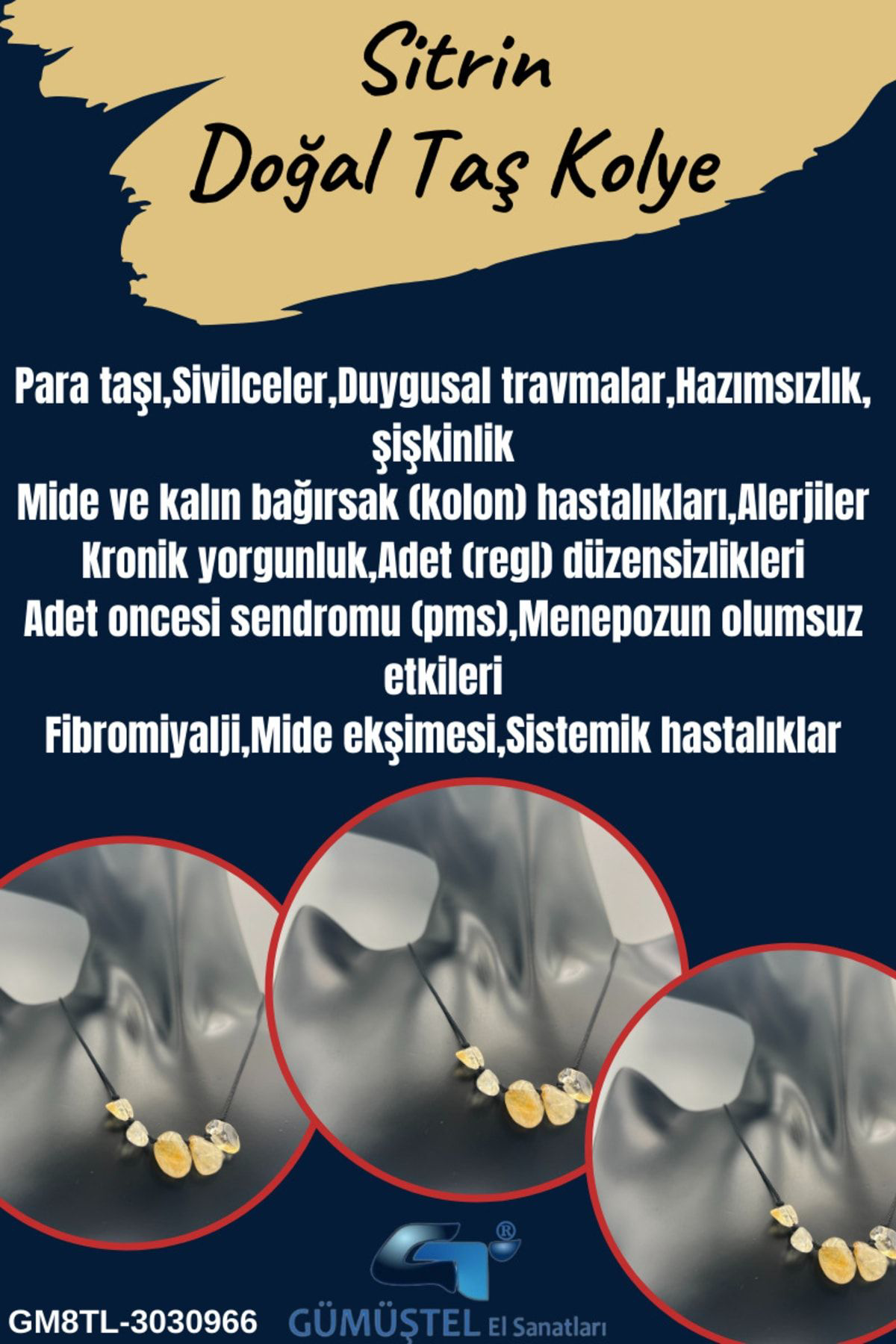 Sertifikalı Sitrin Ham Doğal Taş Kolye Asansörlü Kilit Sistemi Aa