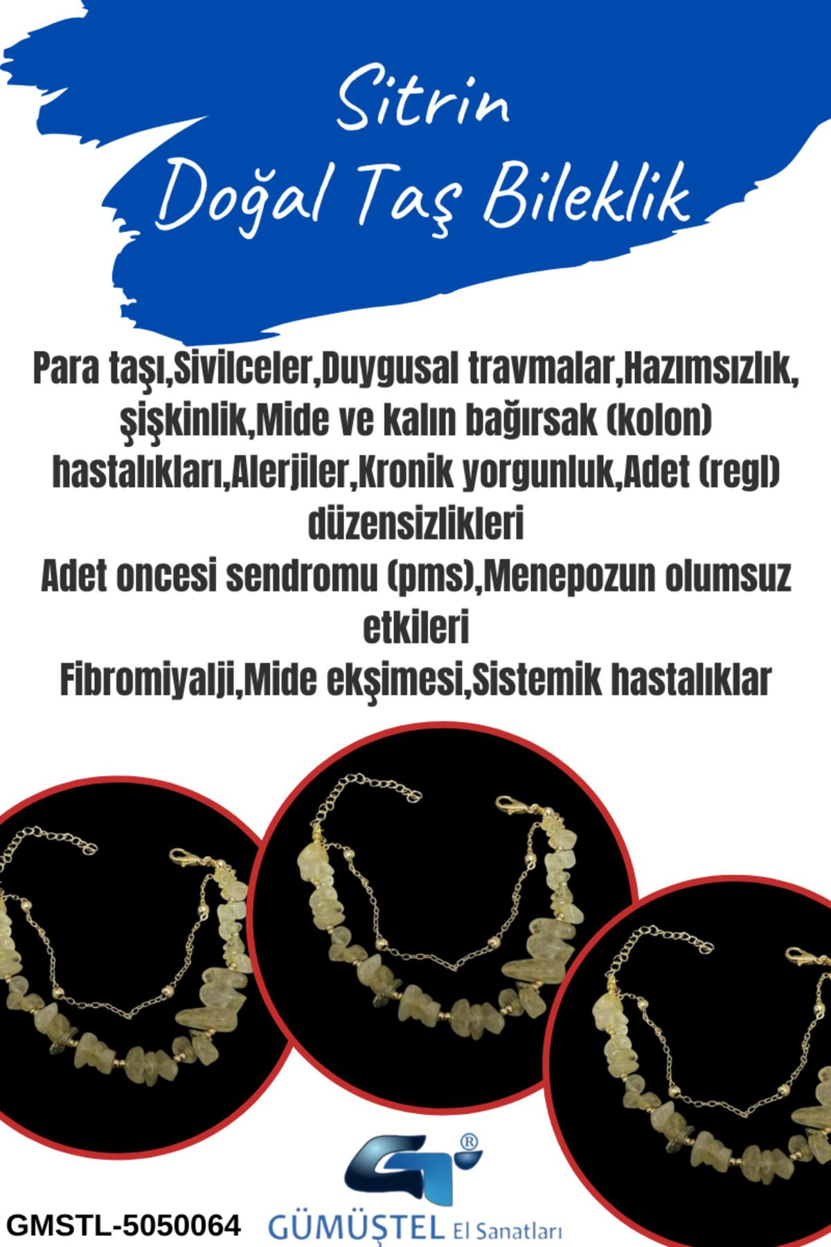Gümüştel El Sanatlari Sertifikali Sitrin Doğal Taş Bileklik Özel Tasarim