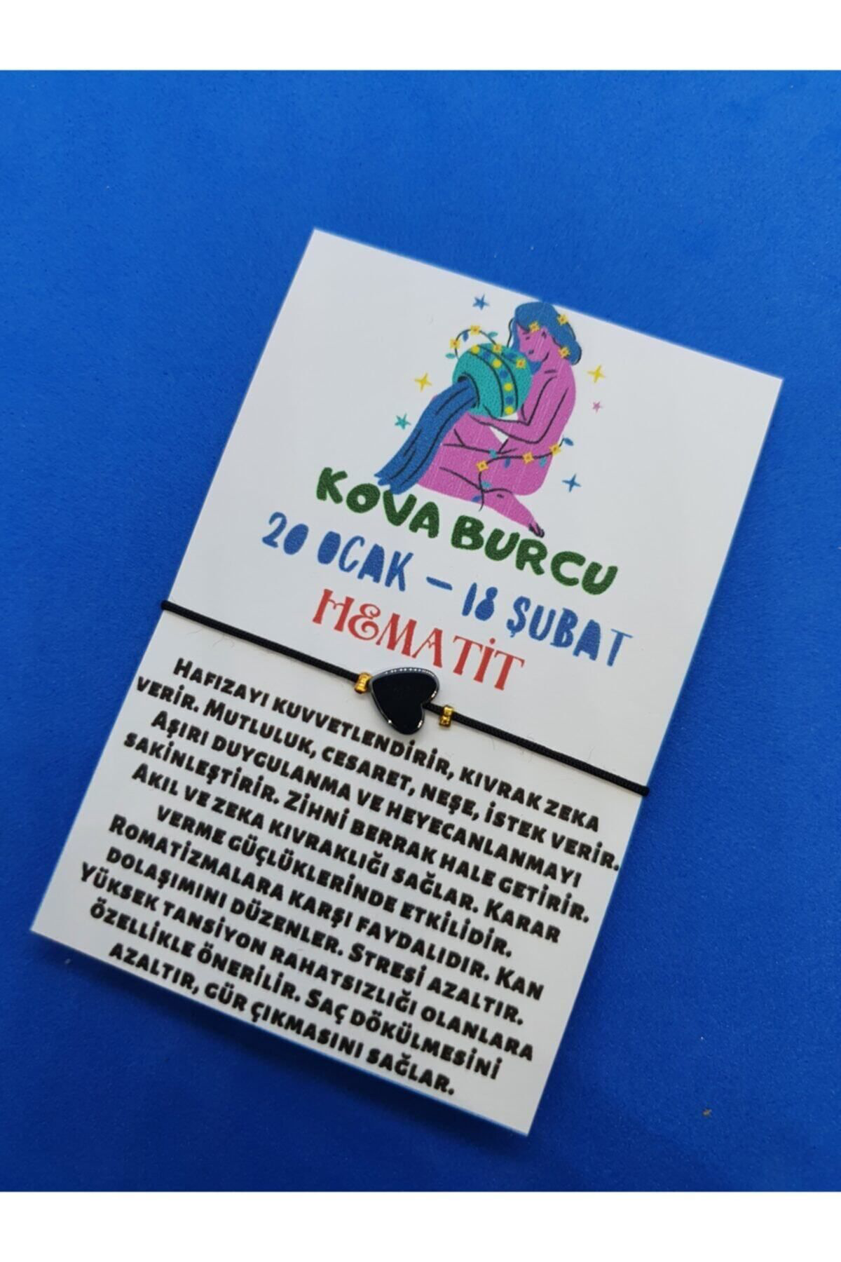 Sertifikalı Siyah Kova Burcu Kalp Hematit Doğal Taş Ip Burç Bilek